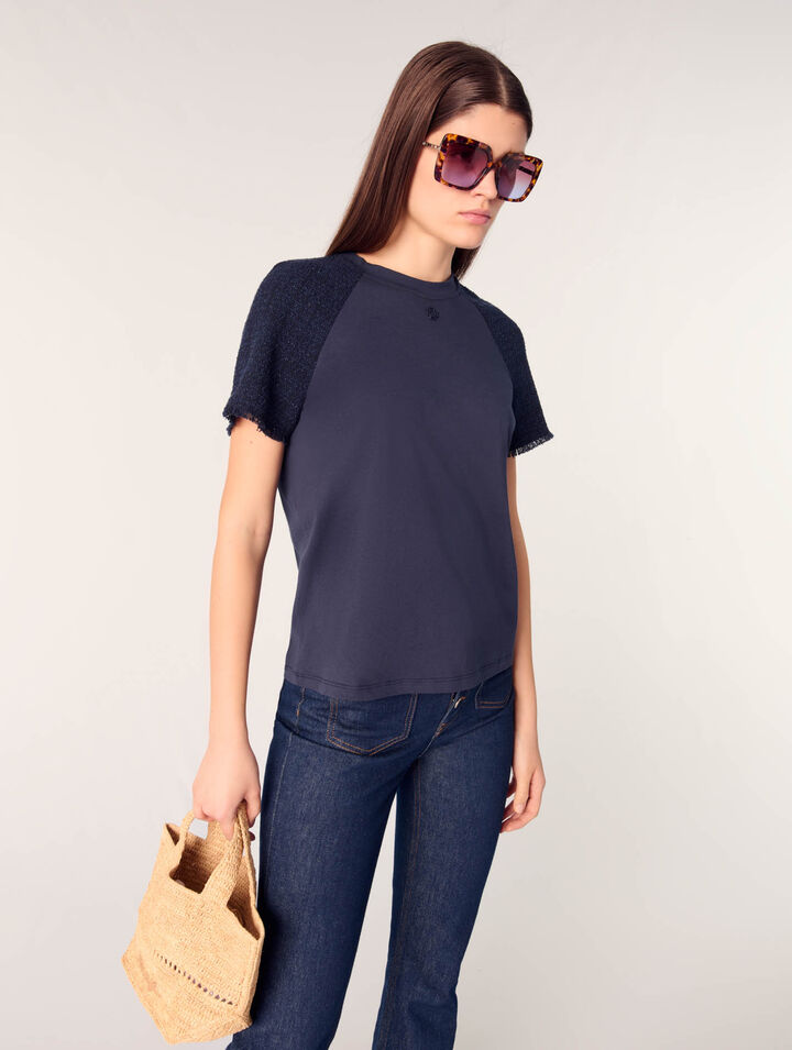 T-Shirt mit Tweed-Ärmeln