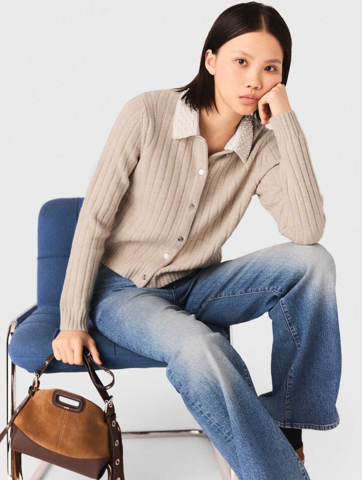 Cardigan, abnehmbarer Perlenkragen