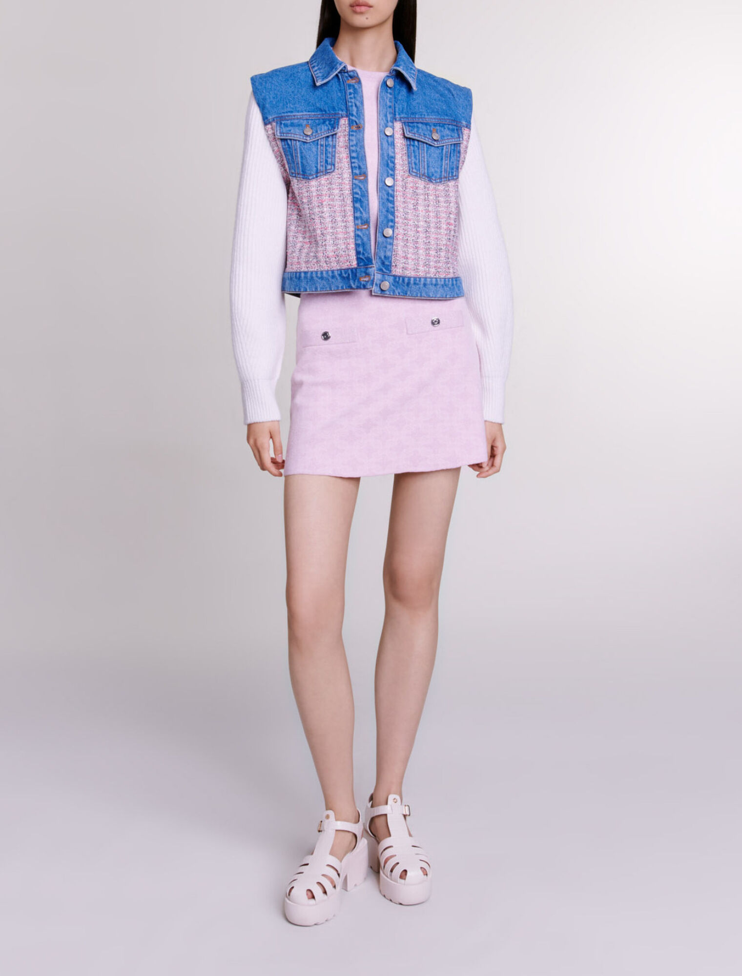 Kurzer Blouson aus Denim und Tweed