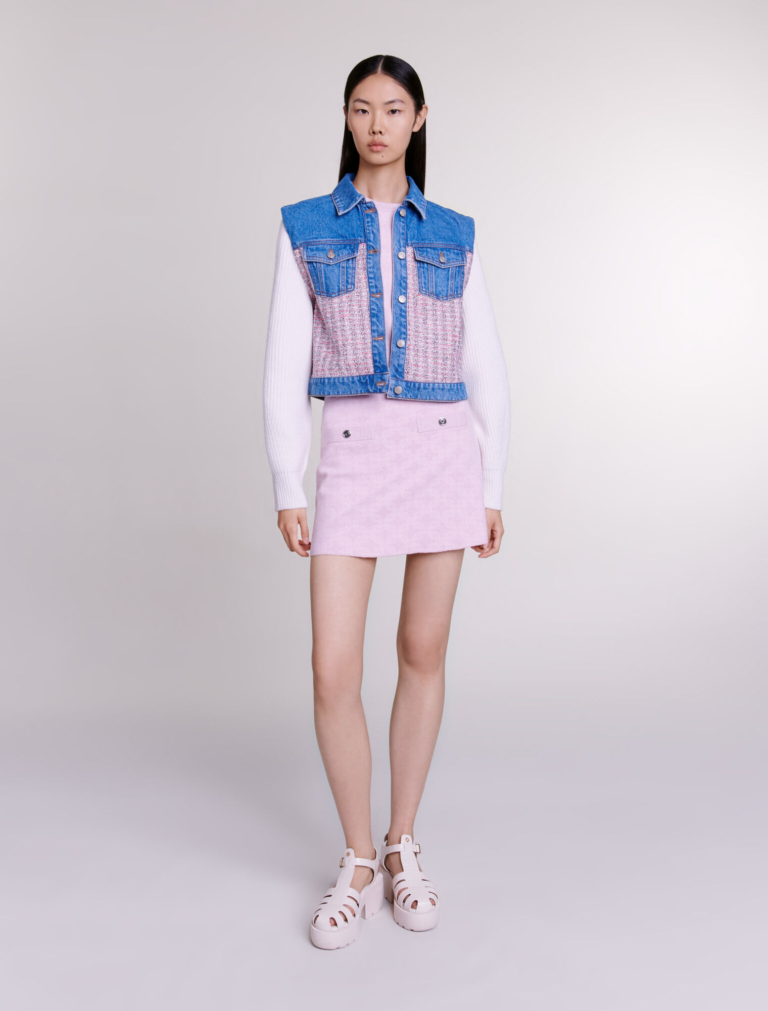 Kurzer Blouson aus Denim und Tweed