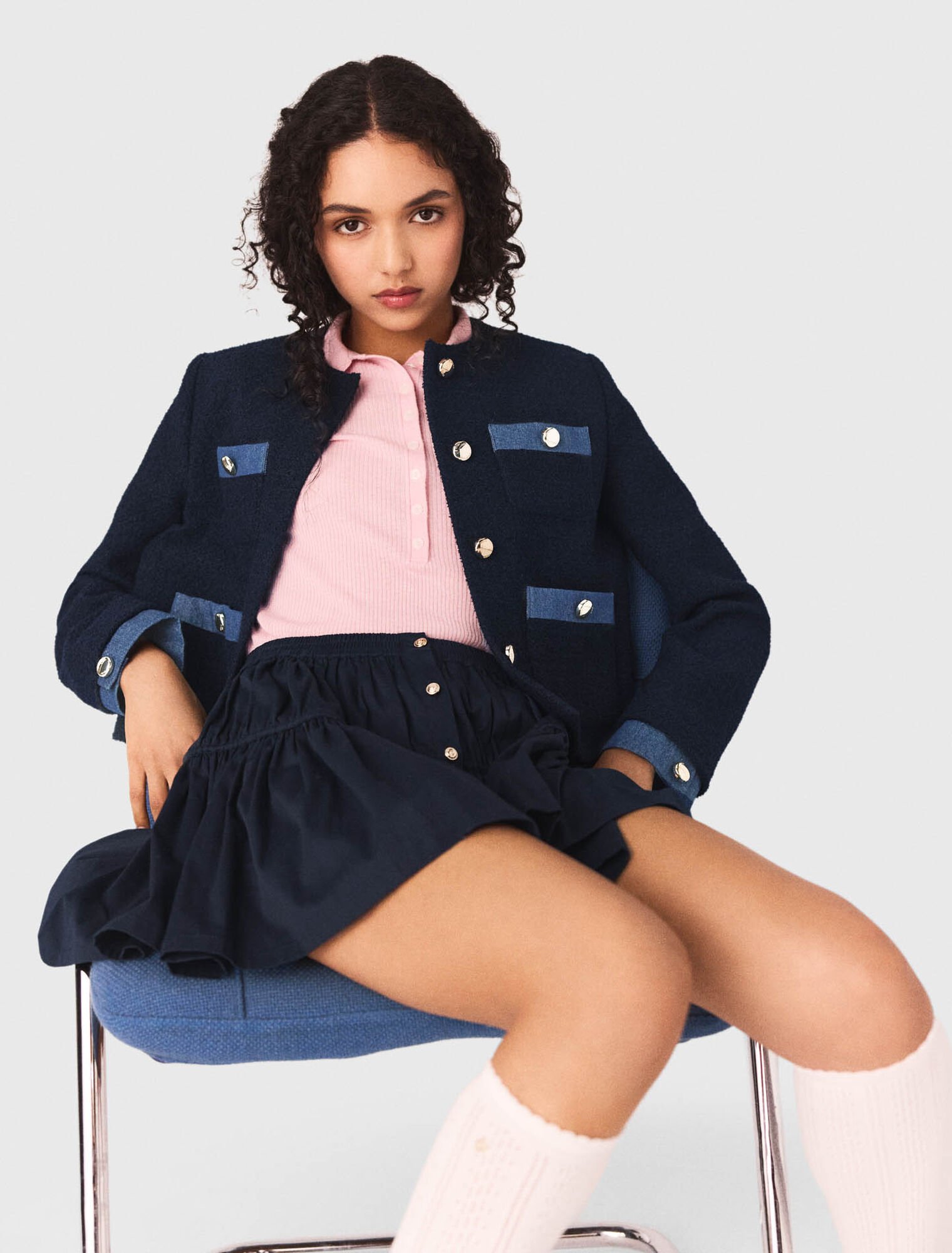 Tweedjacke mit Denim-Borten