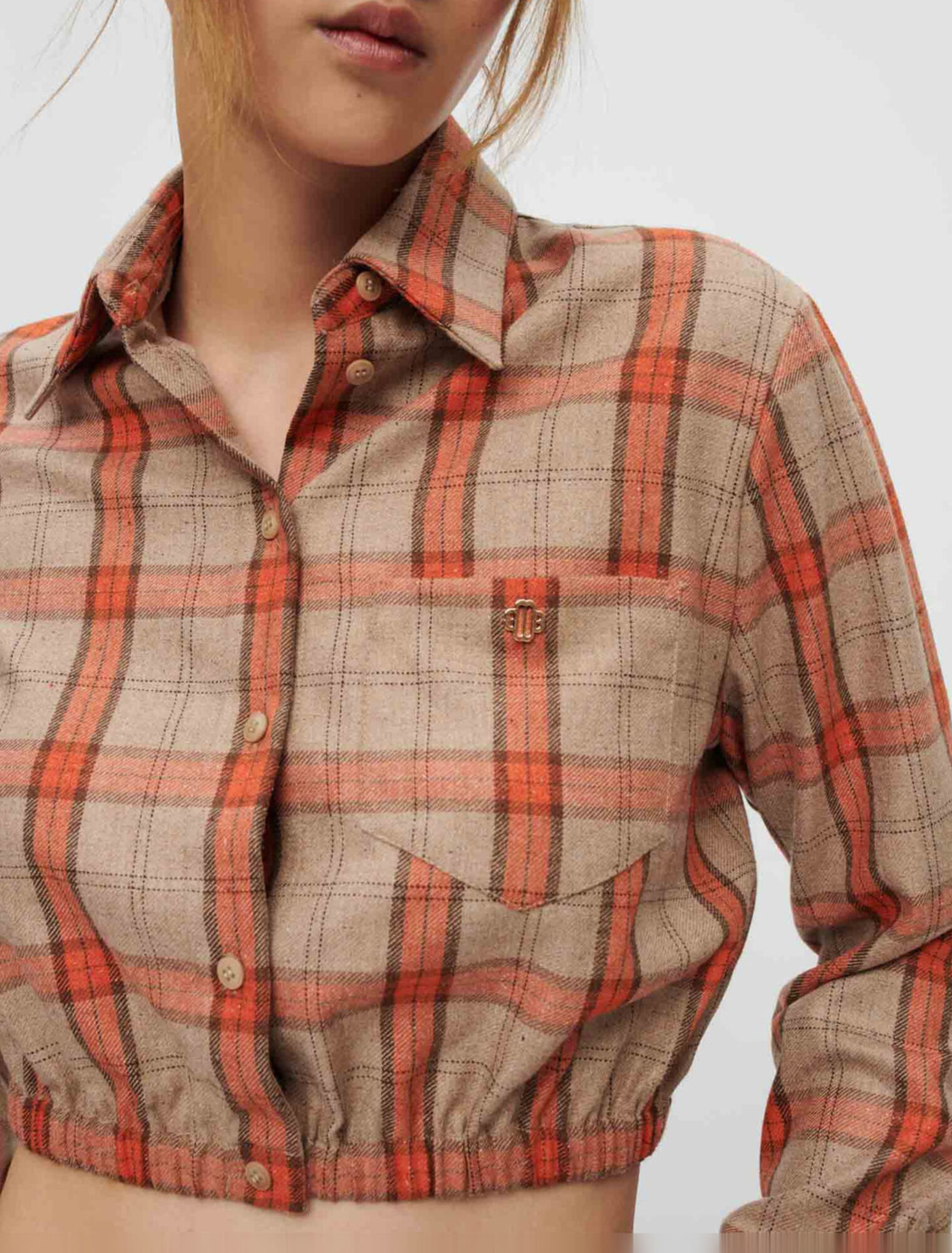 Crop-Hemd mit Karos in Camel und Orange