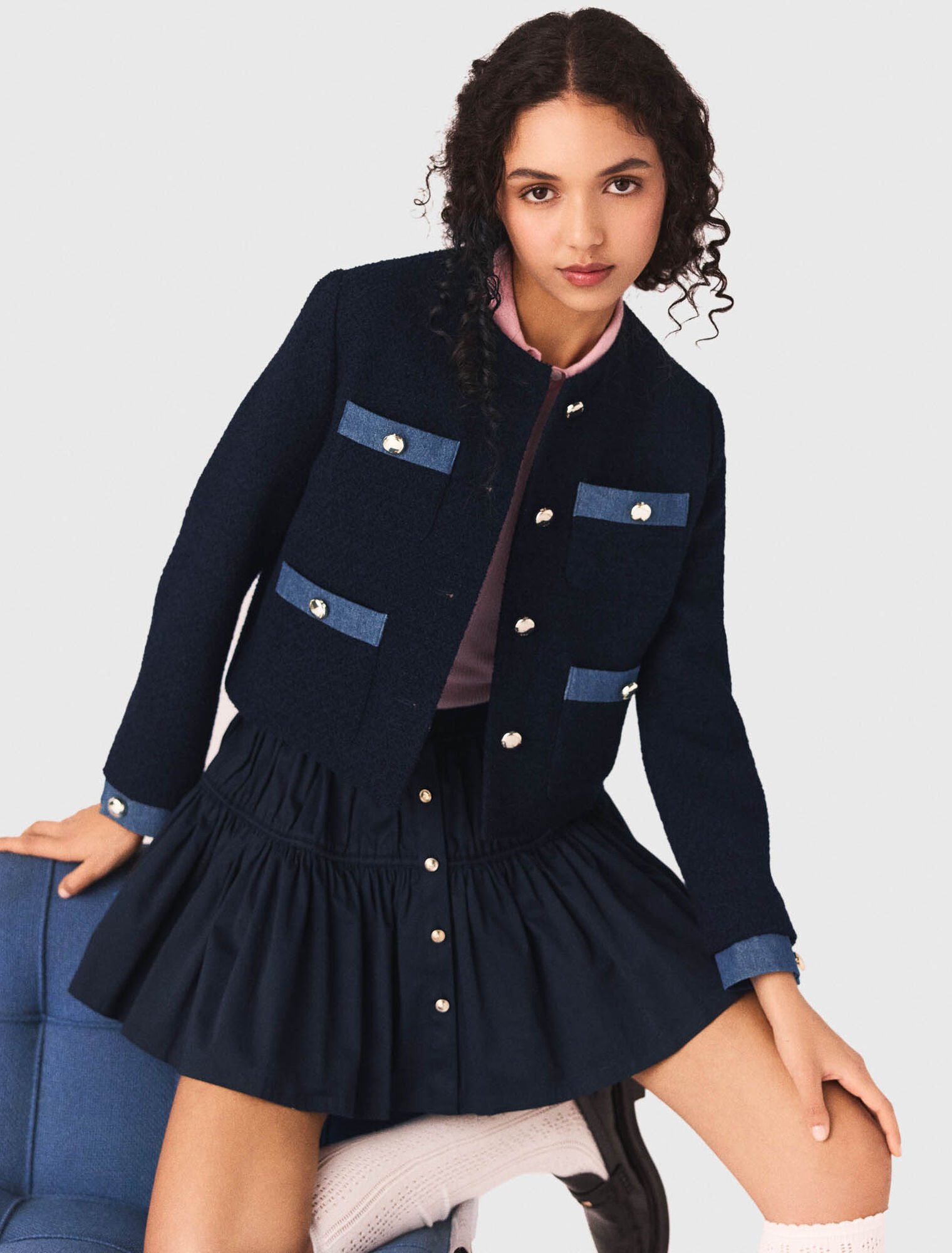Tweedjacke mit Denim-Borten