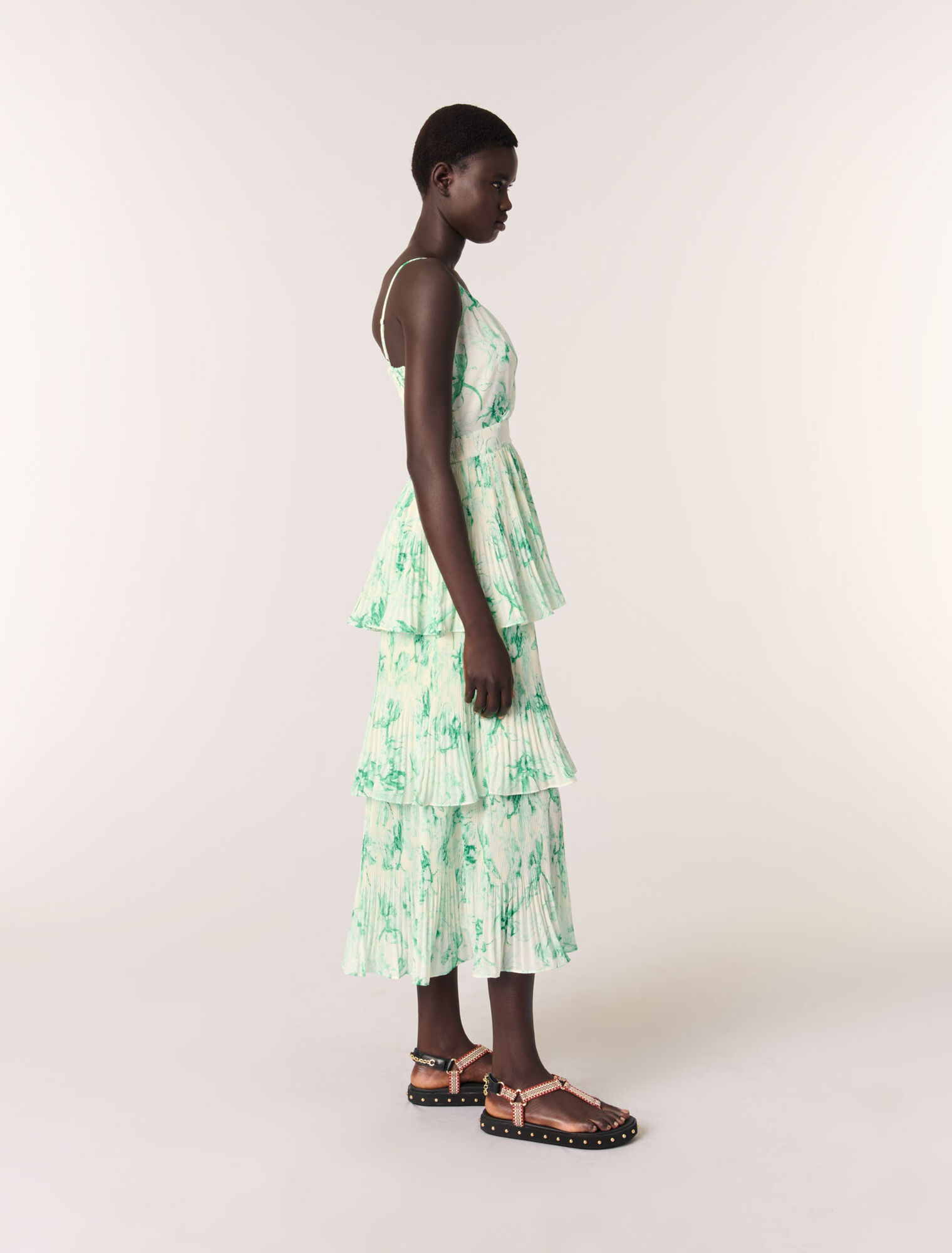 Bedrucktes langes Kleid mit Volants