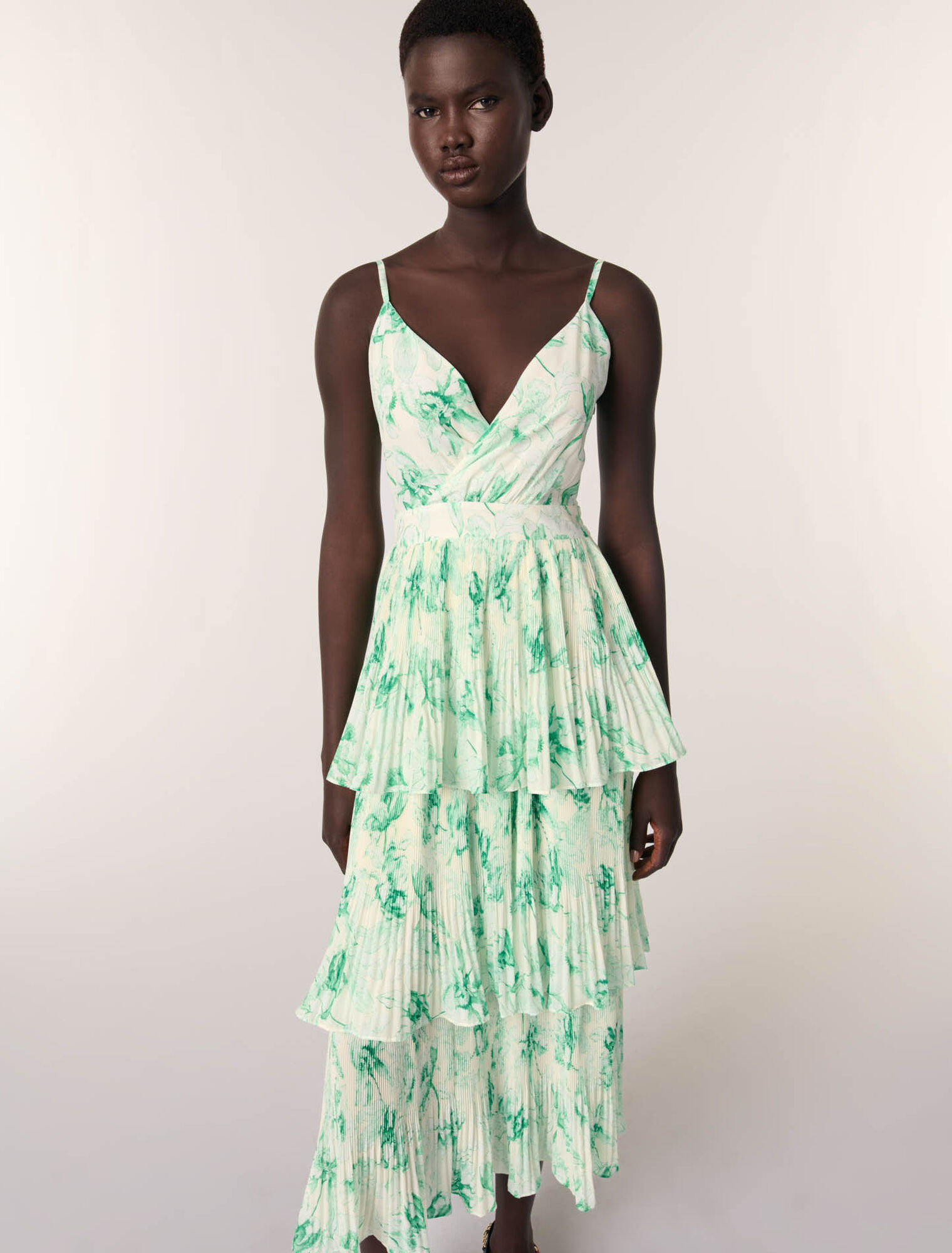 Bedrucktes langes Kleid mit Volants
