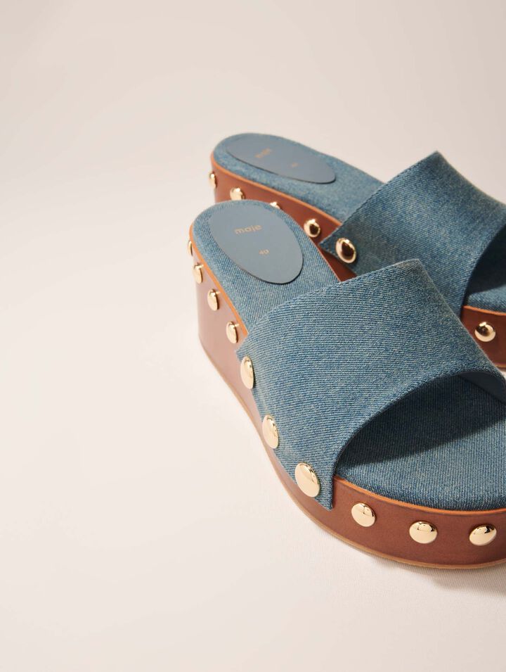 Plateau-Pantoletten aus Denim mit Studs