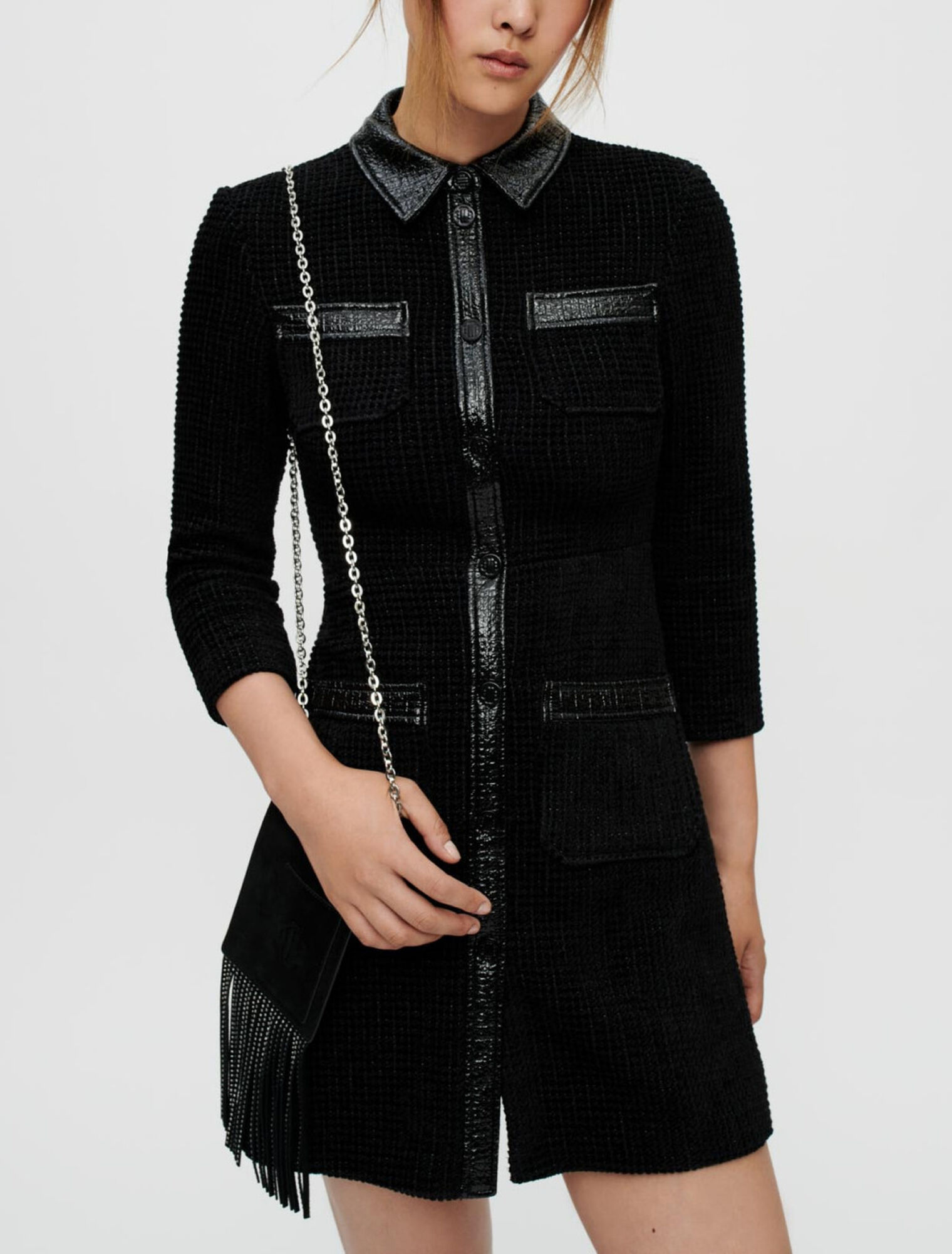 Kleid aus Samt-Tweed und Vinyl