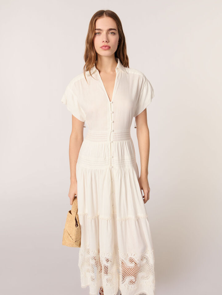 Langes besticktes Kleid mit Volants