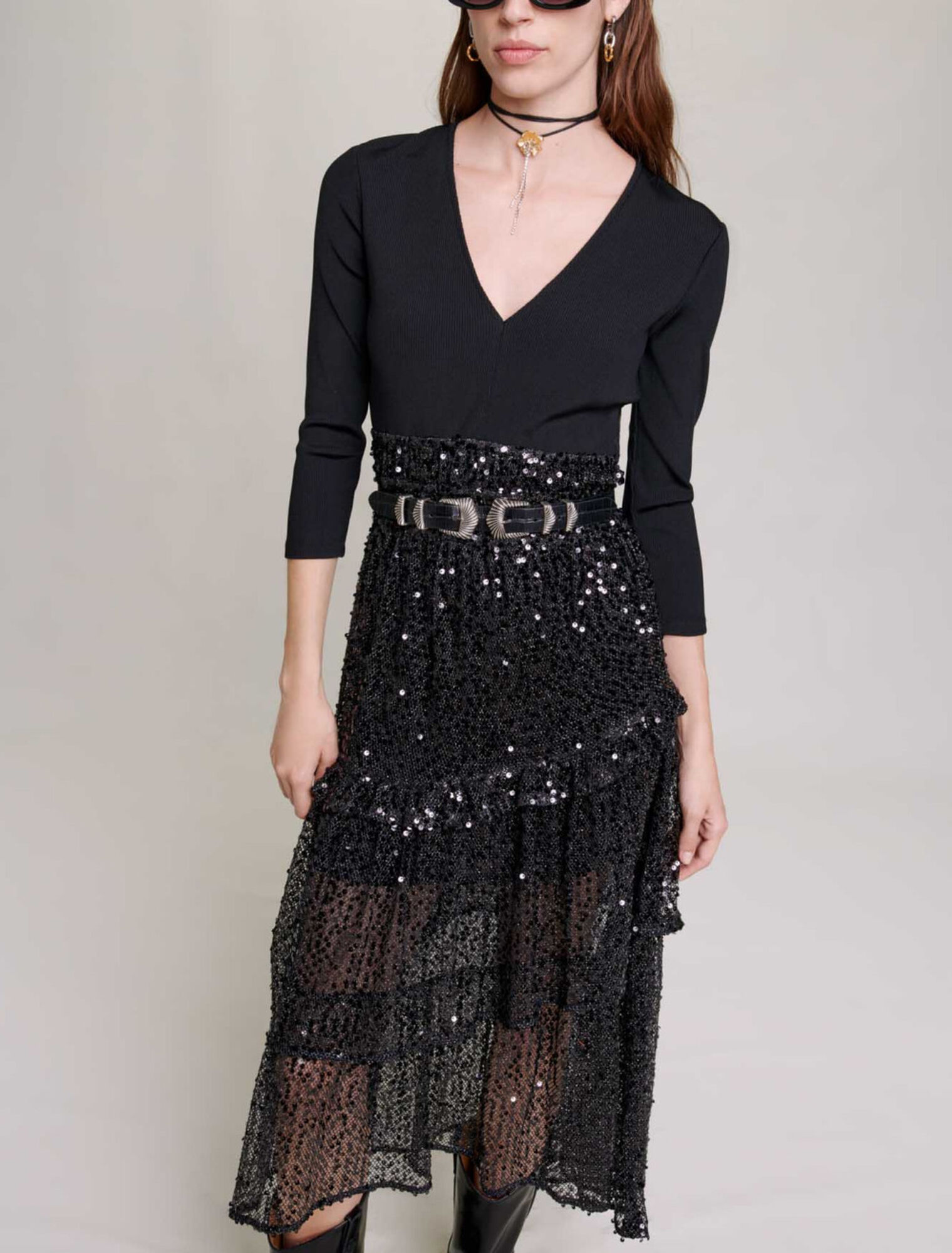 Langes Mesh-Kleid mit Pailletten