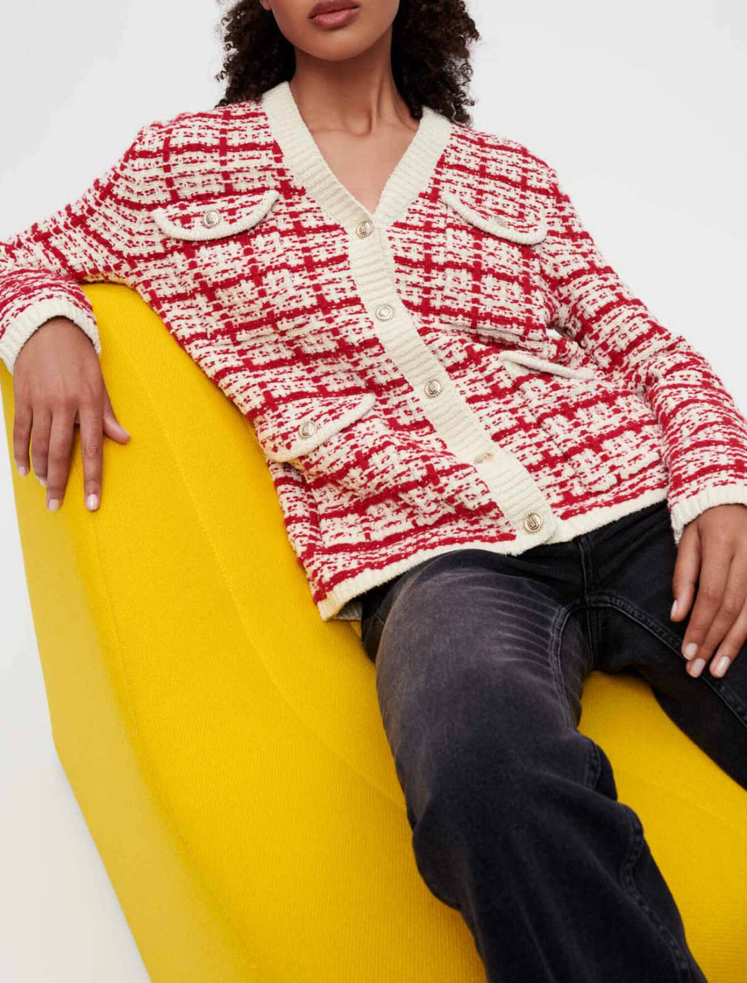 Zweifarbige Strickjacke in Tweed-Optik