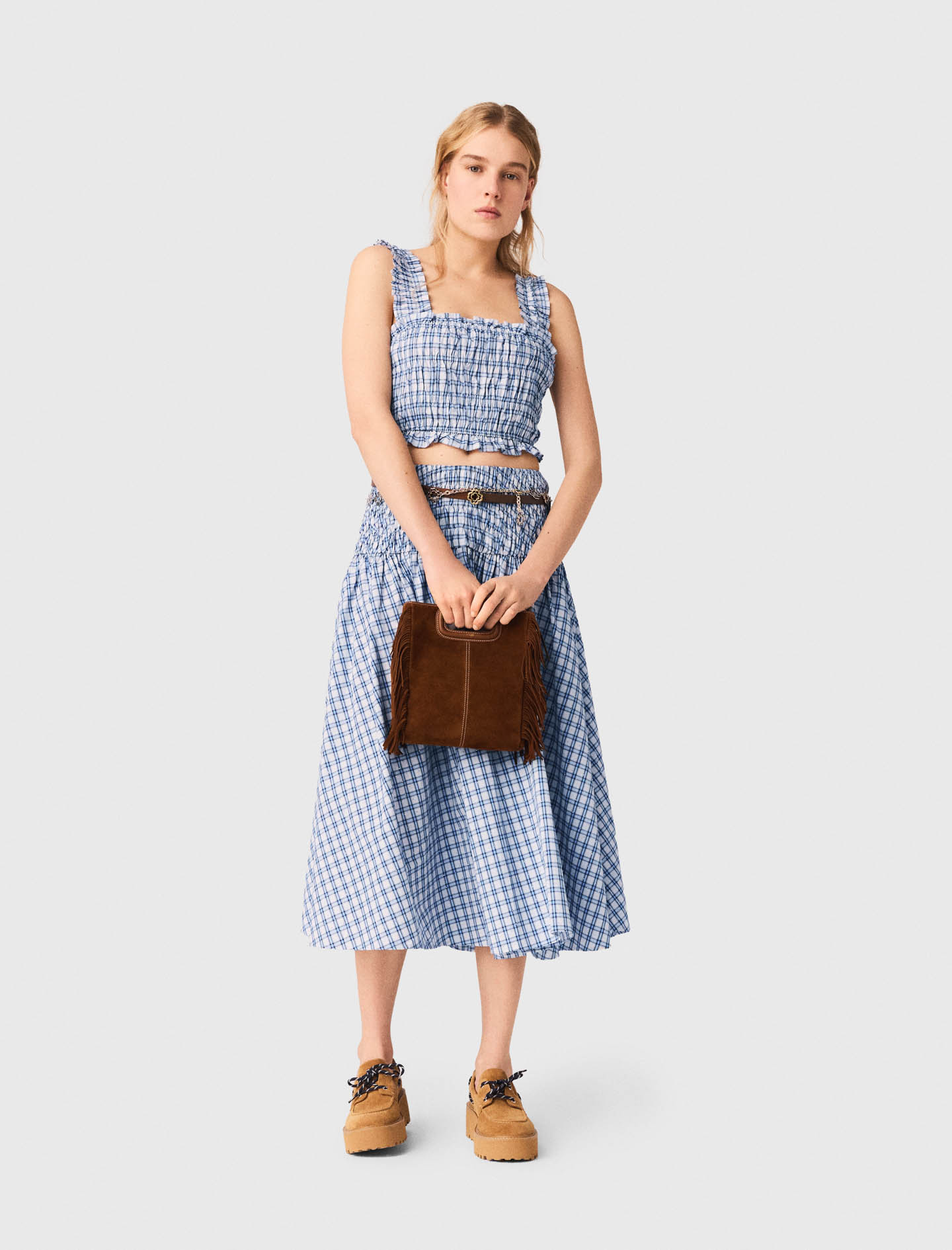 Gesmoktes Baumwolltop Mit Strass - Carreaux Bleus Print - Größe 34 - Maje