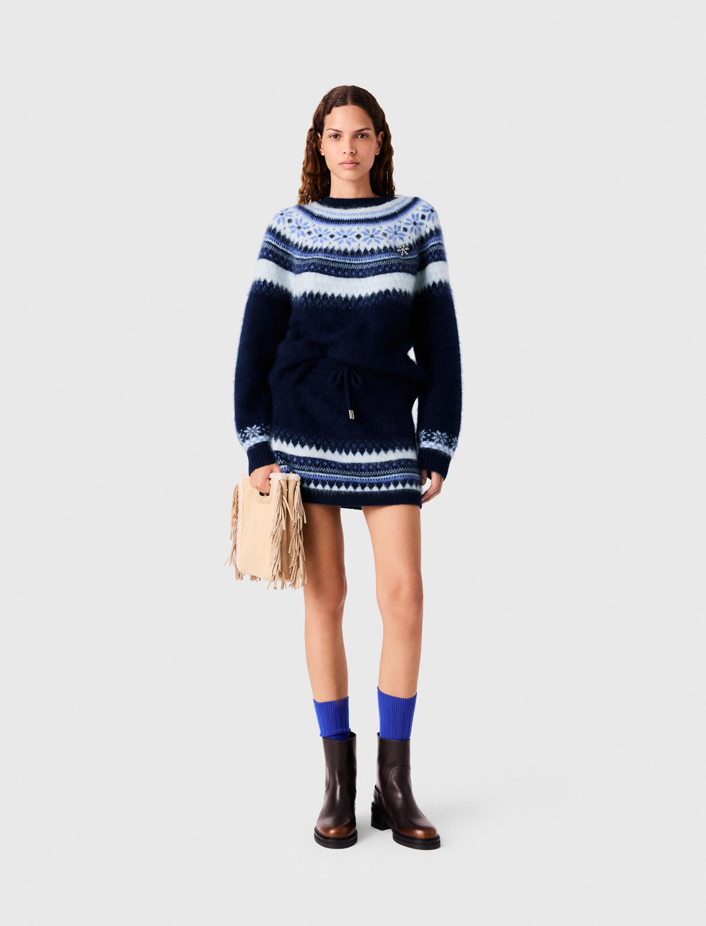Kurzer Jacquard-strickrock - Marineblau - Größe 40 - Maje