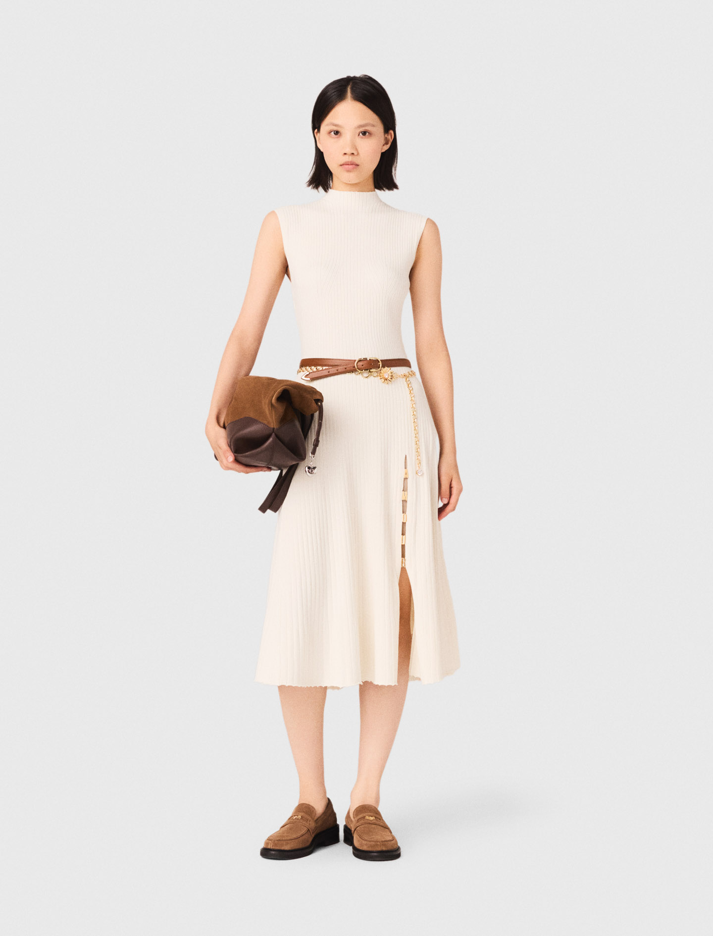 Rippstrickkleid Mit Seitenschlitz - Ecru - Größe 32 - Maje