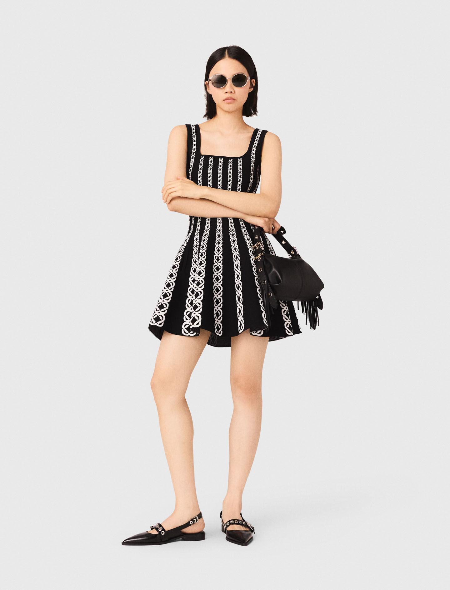 Kurzes Kleid Aus Jacquard-strick - Weiß/schwarz - Größe 32 - Maje