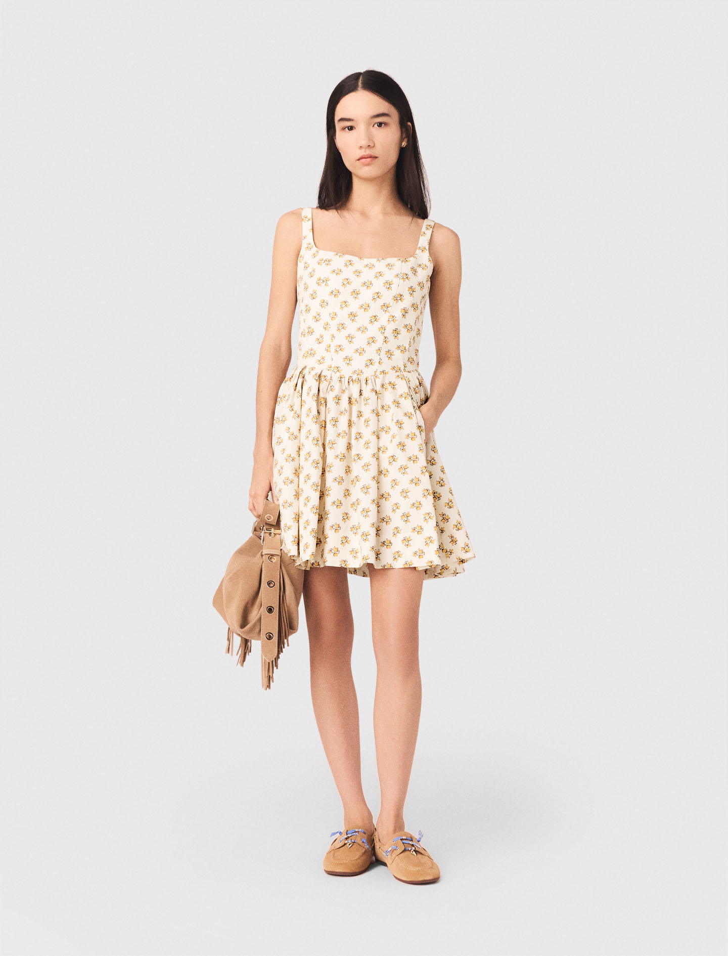 Kurzes Ausgestelltes Printkleid - Jaune Petites Fleurs Print - Größe 38 - Maje