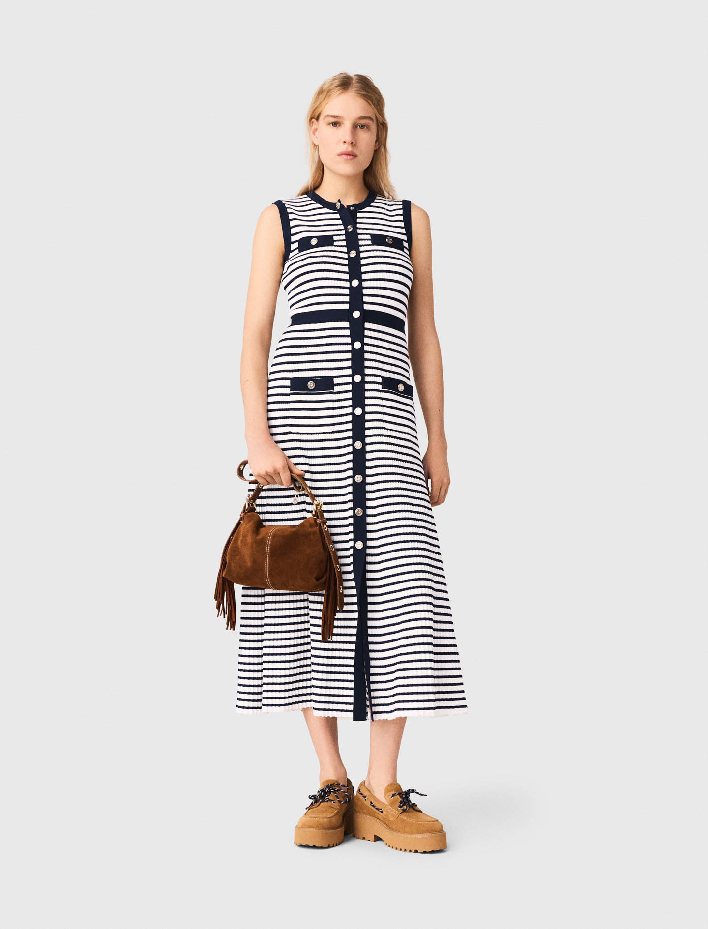 Langes Marinière-strickkleid - Beige - Größe 36 - Maje