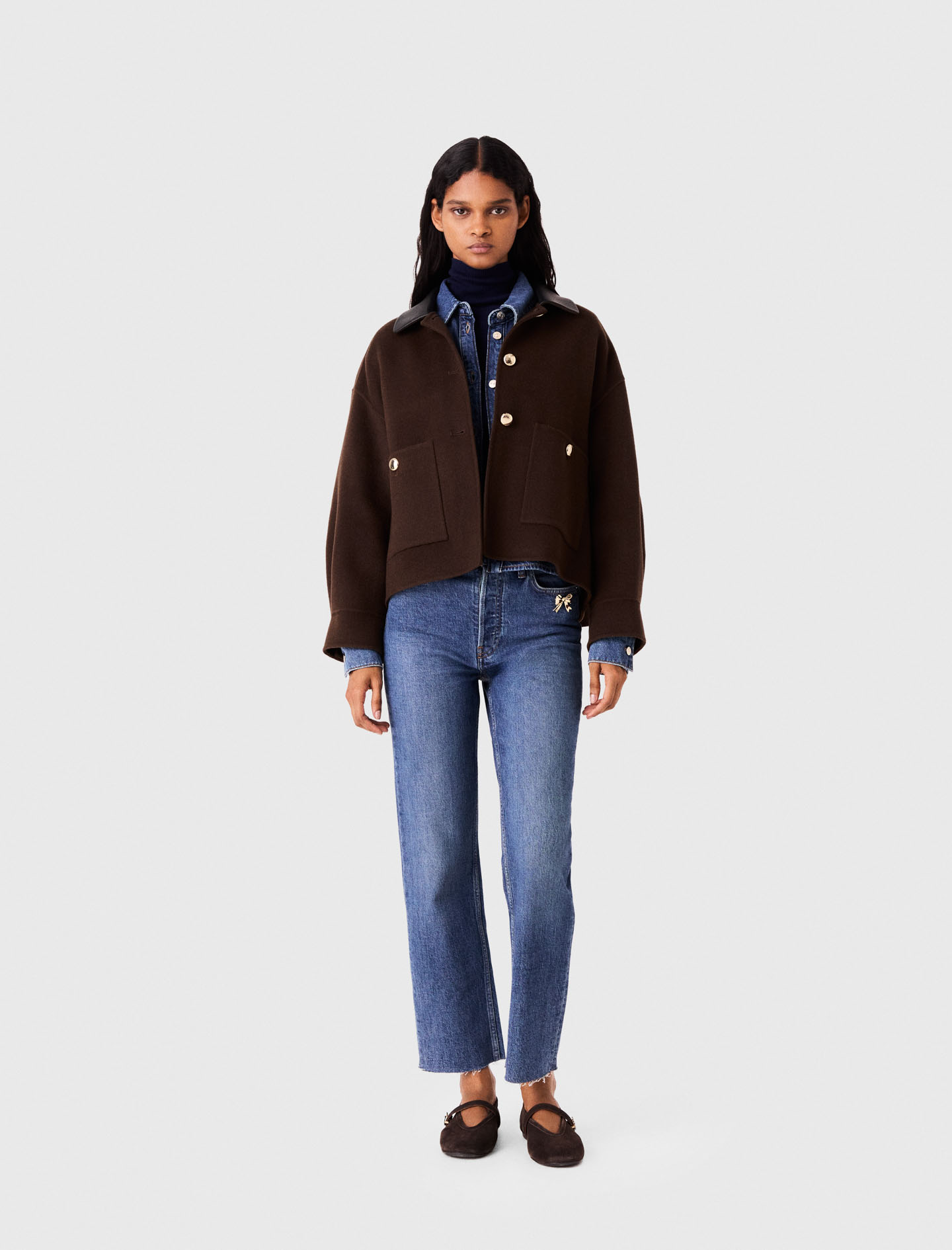 Kurze Wolljacke Mit Plisseerücken - Braun - Größe 38 - Maje