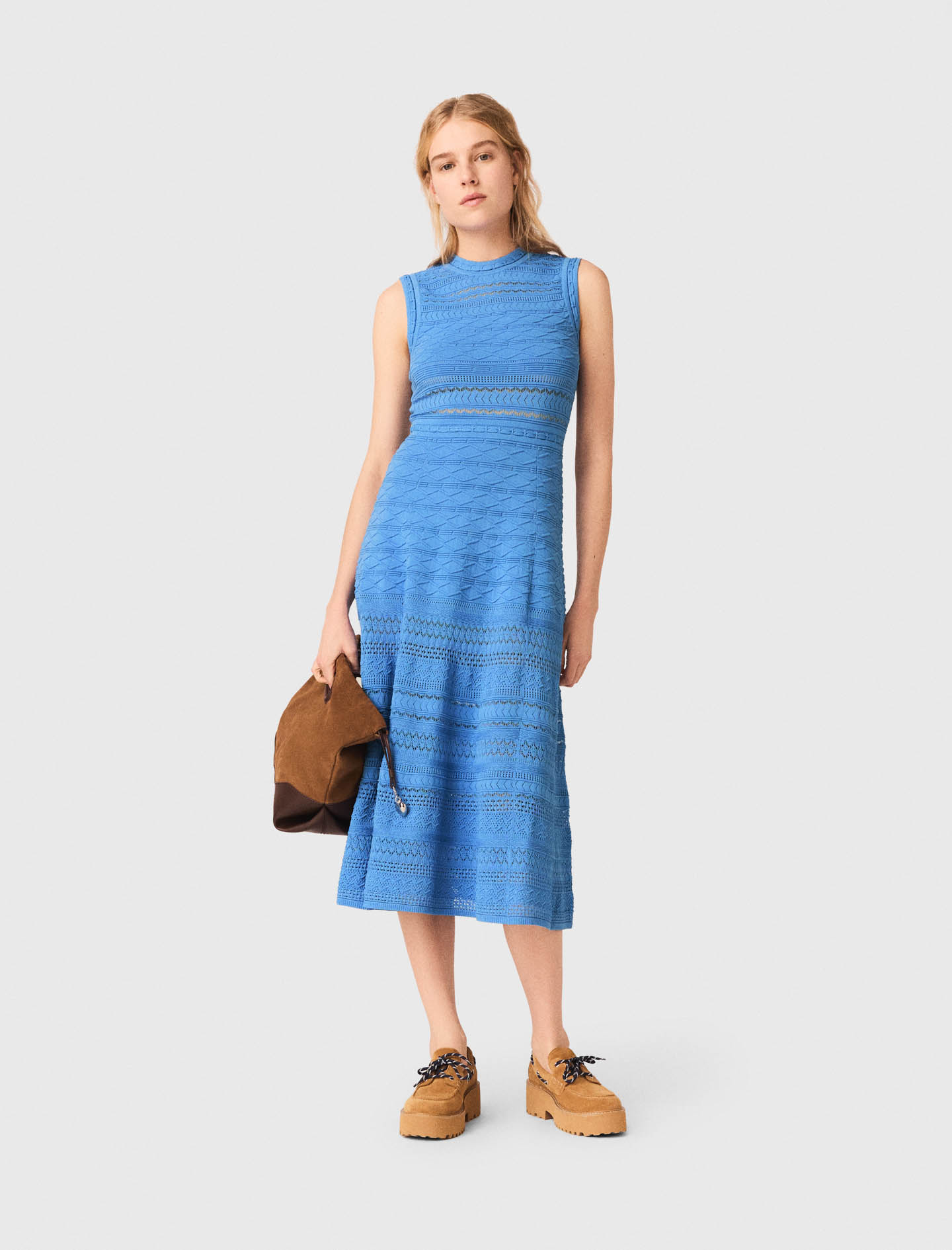 Langes Strickkleid Mit Ajourmuster - Blau - Größe 32 - Maje