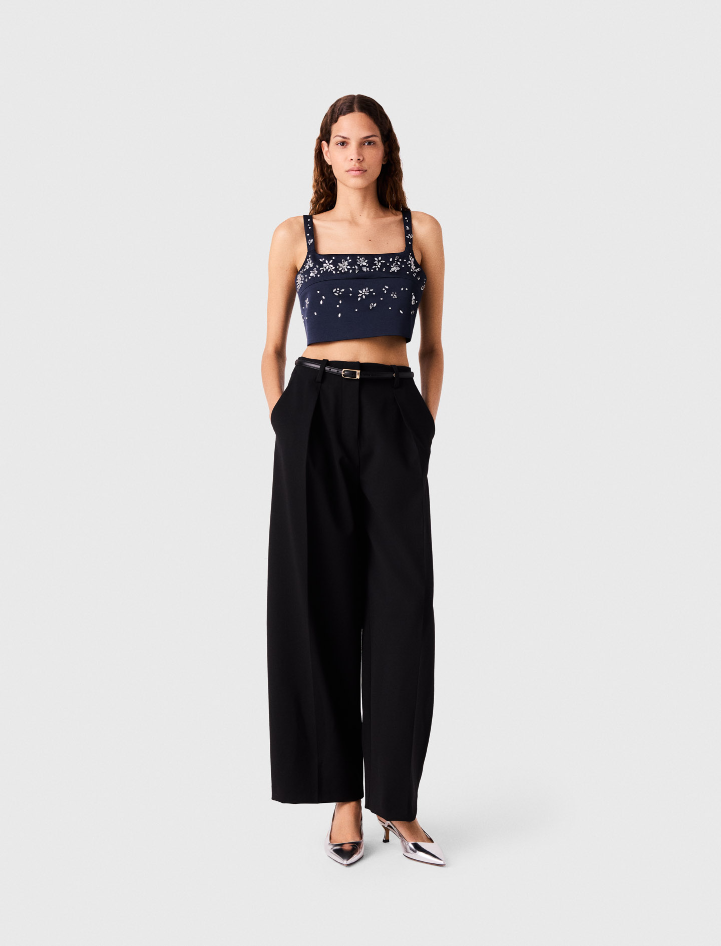 Top Aus Satin Mit Stickereien - Marineblau - Größe 32 - Maje