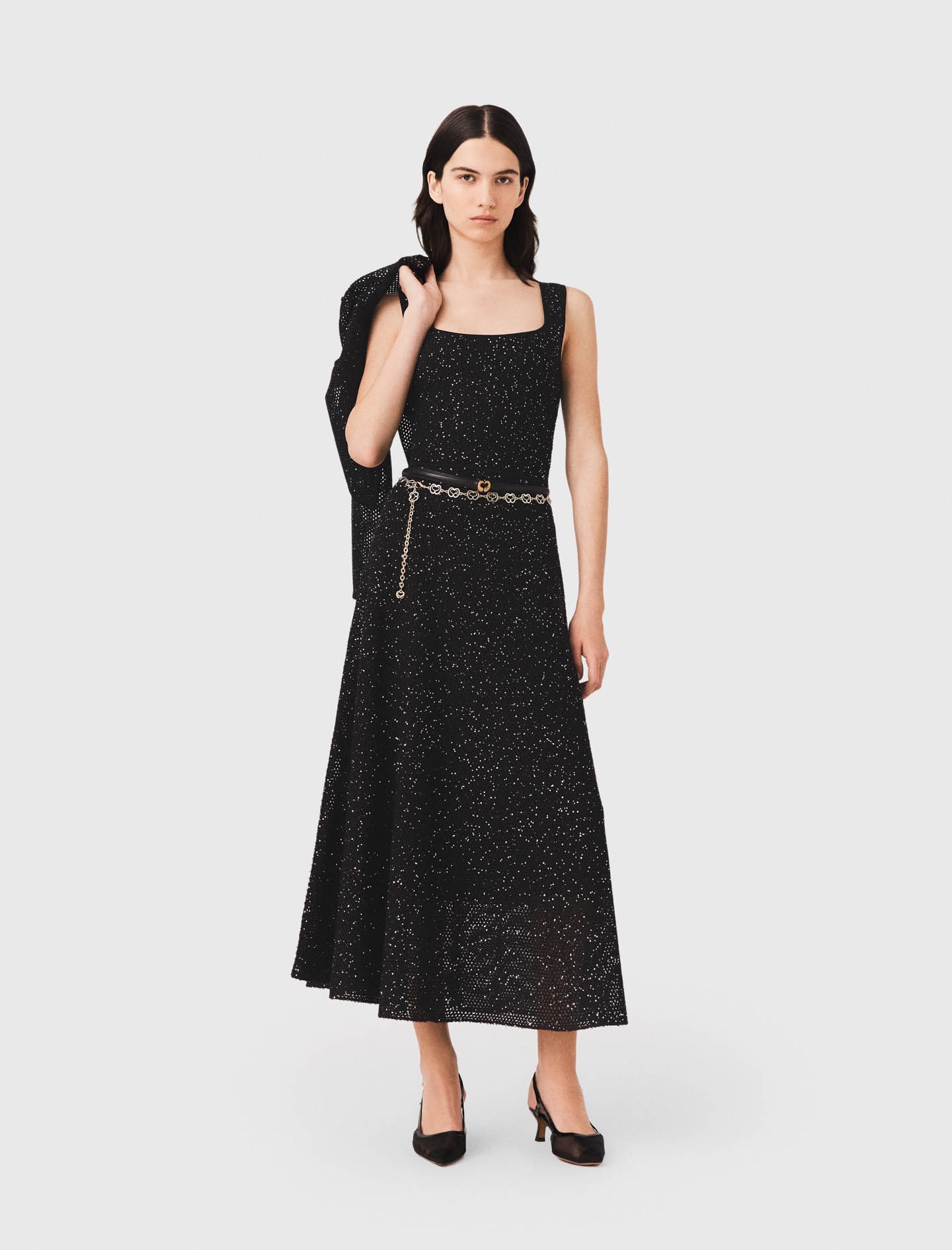 Langes Strickkleid Mit Strass - Schwarz - Größe 36 - Maje