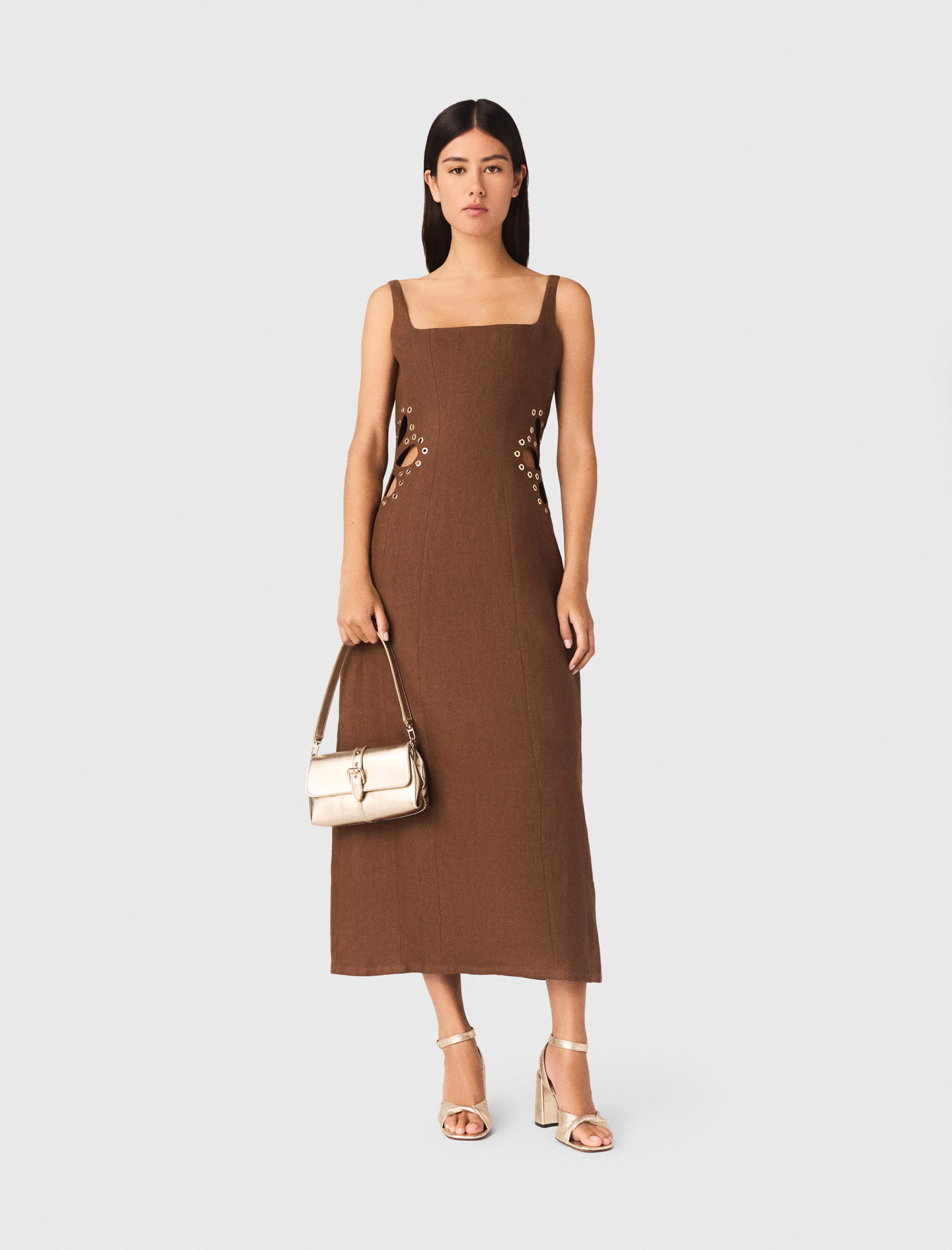Langes Leinenmischkleid - Braun - Größe 34 - Maje