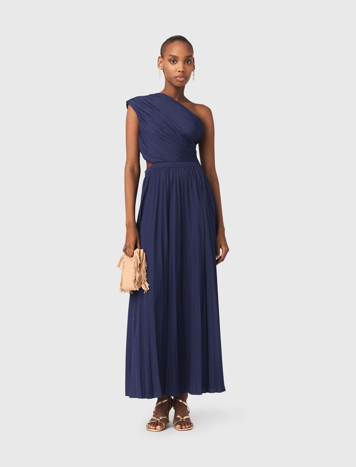Langes Asymmetrisches Plisseekleid - Marineblau - Größe 40 - Maje