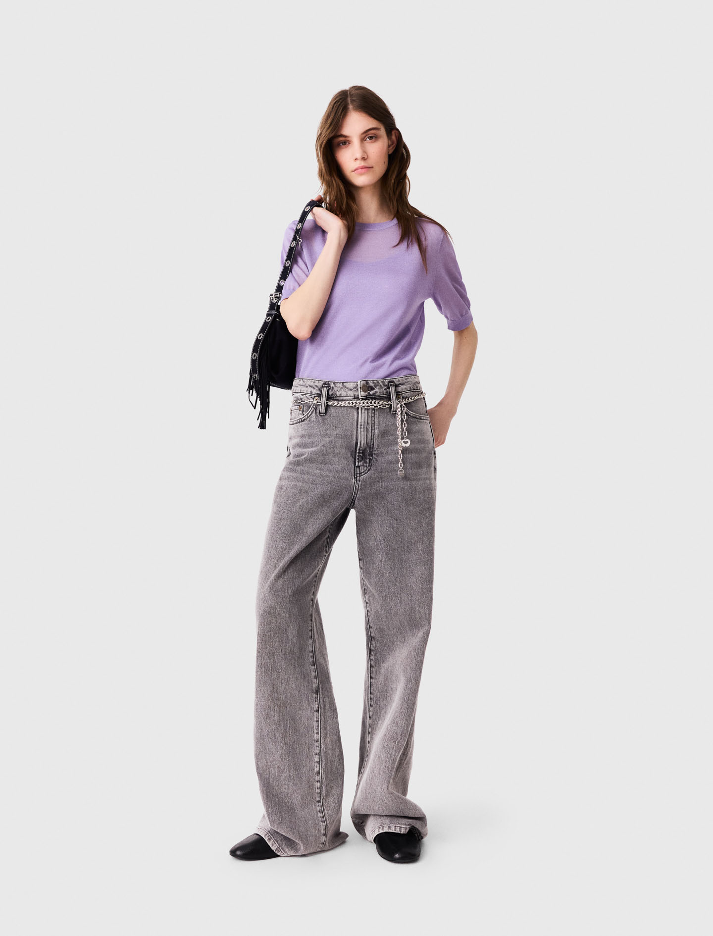 Weite Jeans Mit Kettengürtel - Grau - Größe 32 - Maje