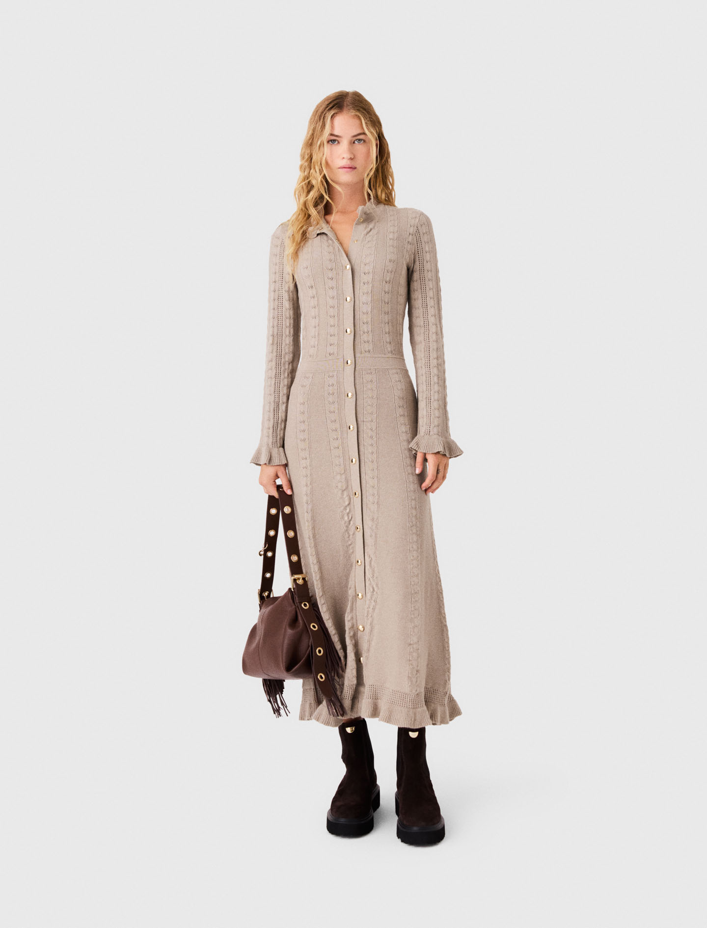 Langes Kleid Aus Strukturstrick - Beige - Größe 40 - Maje