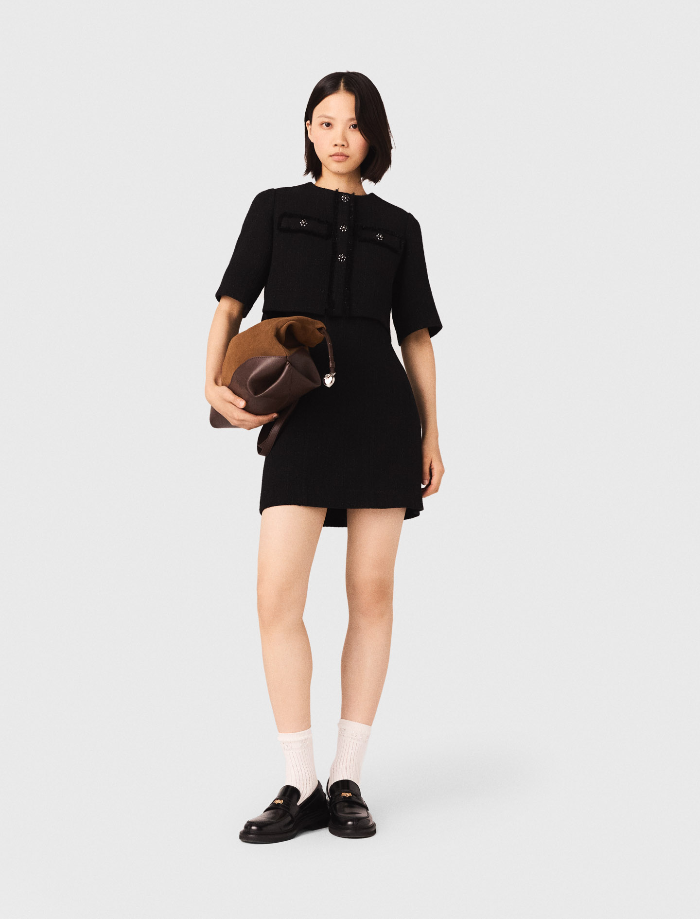 Glänzendes 2-in-1-tweed-kleid - Schwarz - Größe 38 - Maje