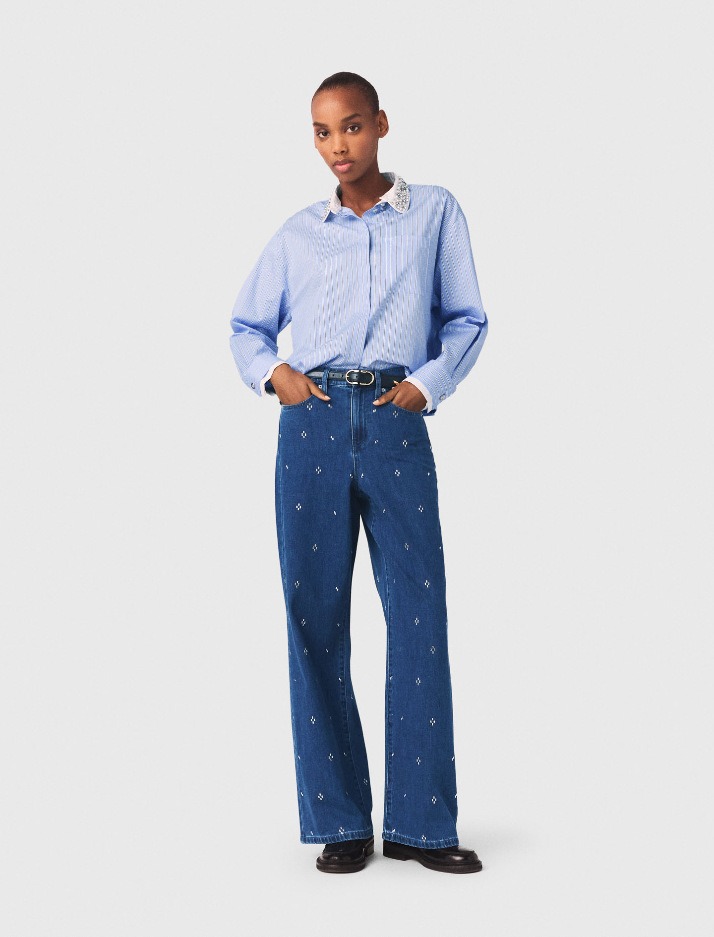 Weite Jeans Mit Strasssteinen - Blau - Größe 40 - Maje