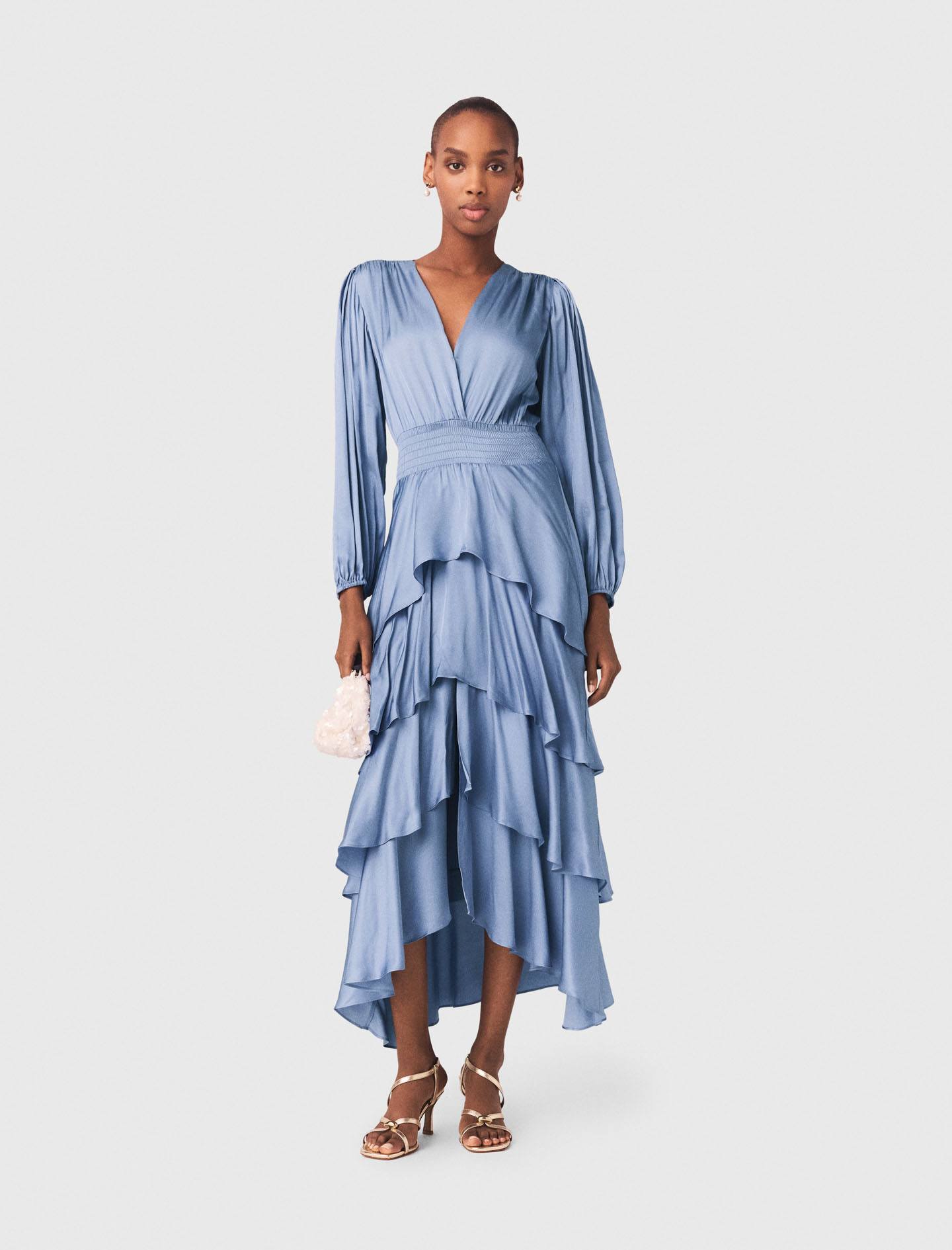Langes Kleid Mit Volants - Blau / Grau - Größe 34 - Maje