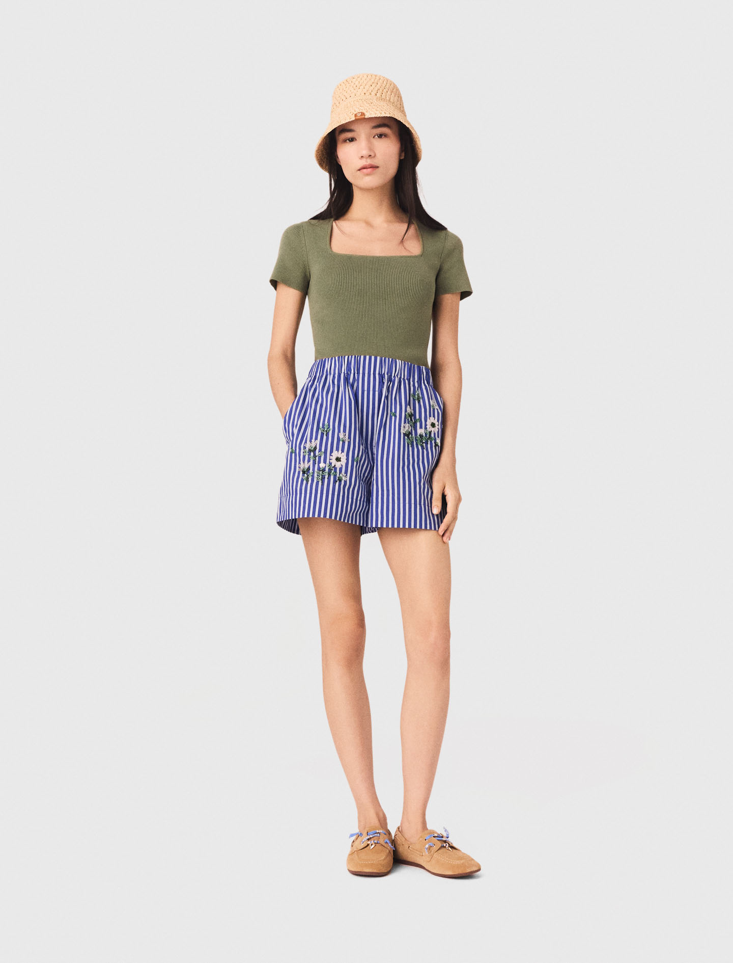 Gestreifte Bestickte Baumwollshorts - Weiß/blau - Größe 38 - Maje