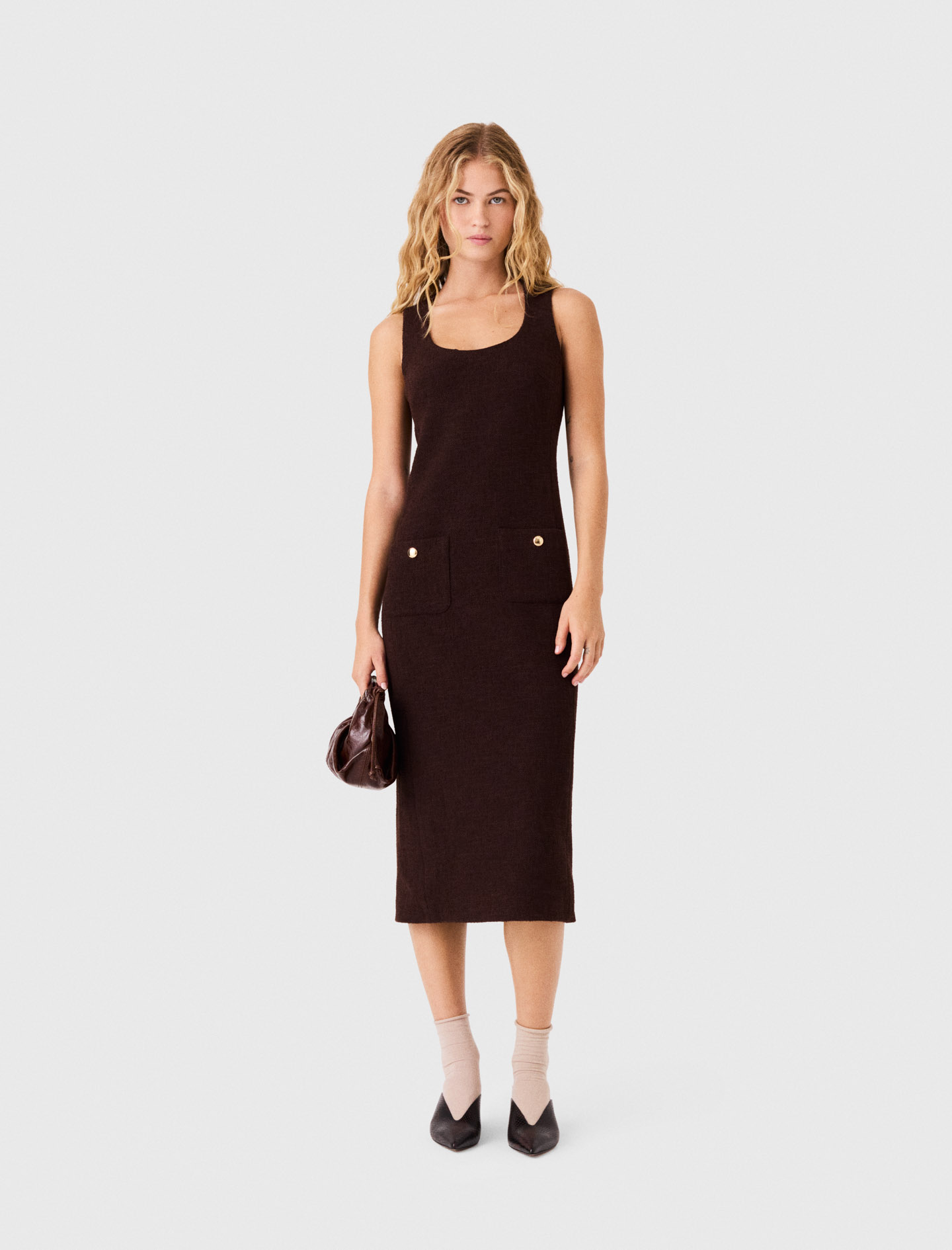 Midikleid Aus Tweed - Dunkelbraun - Größe 34 - Maje