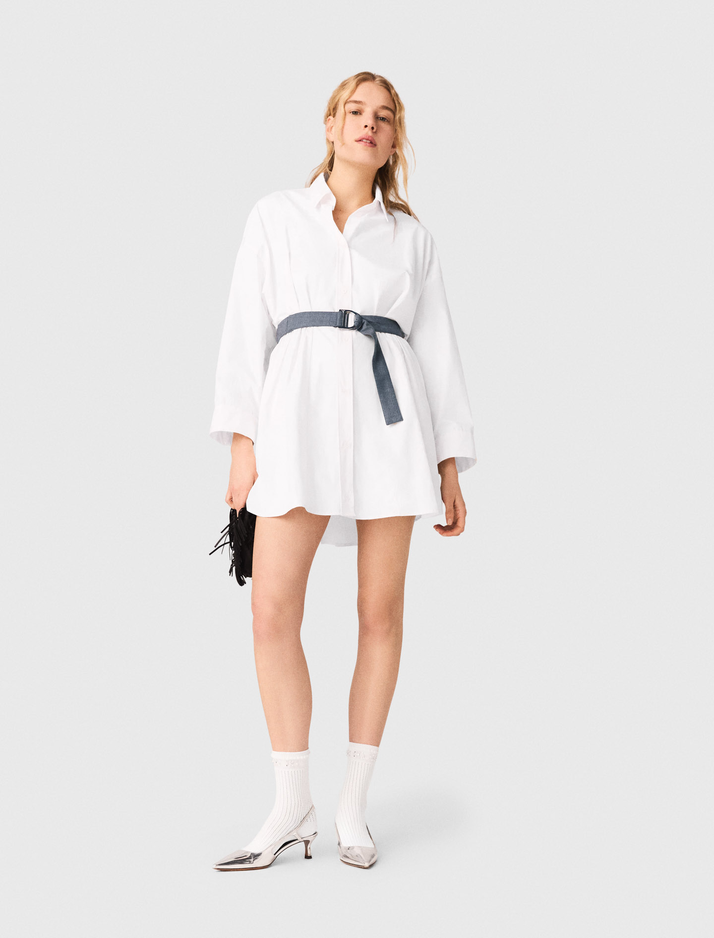 Hemdblusenkleid Mit Kontrastgürtel - Weiß - Größe 34 - Maje
