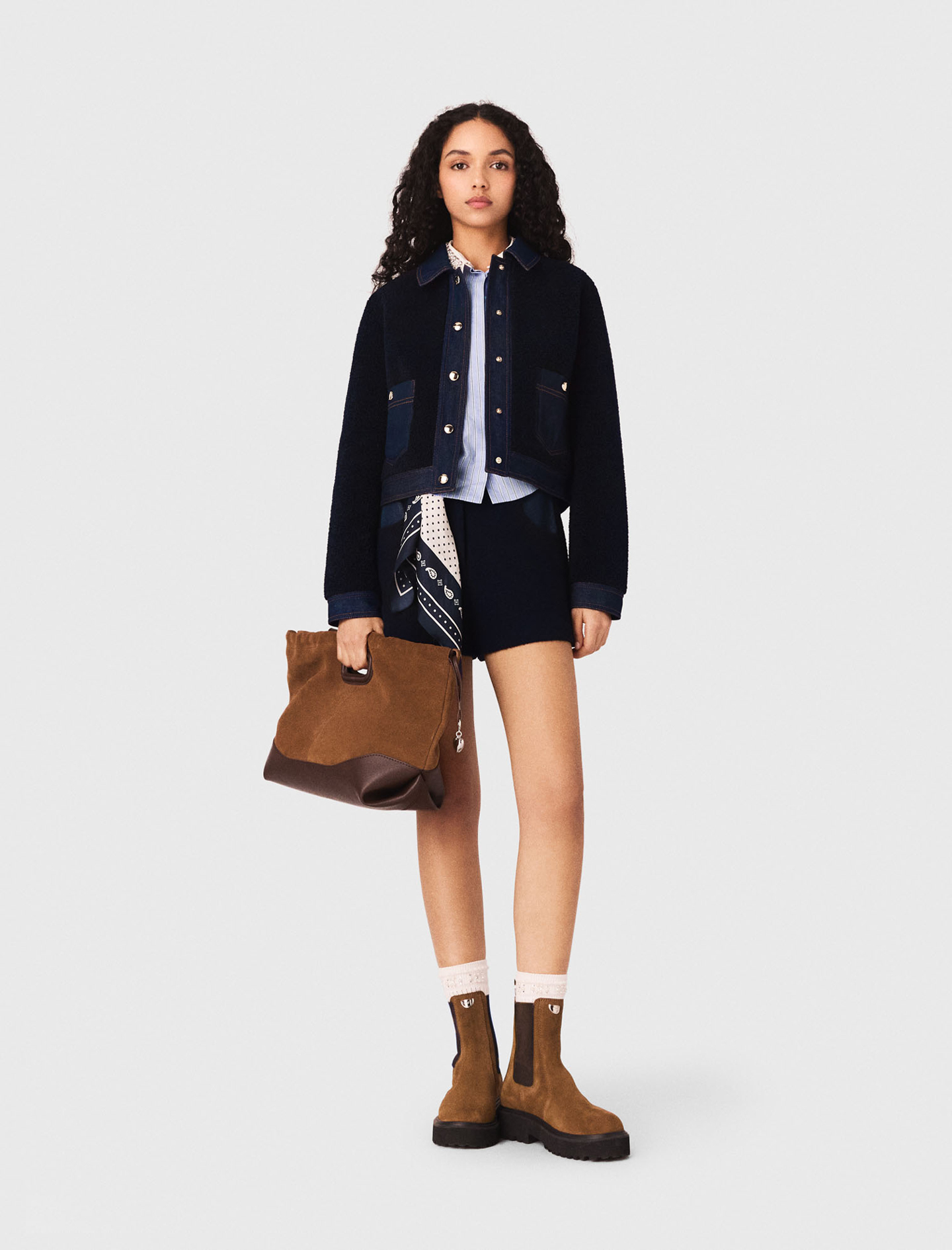 Blouson Aus Bouclé Mit Denimdetails - Marineblau - Größe 32 - Maje