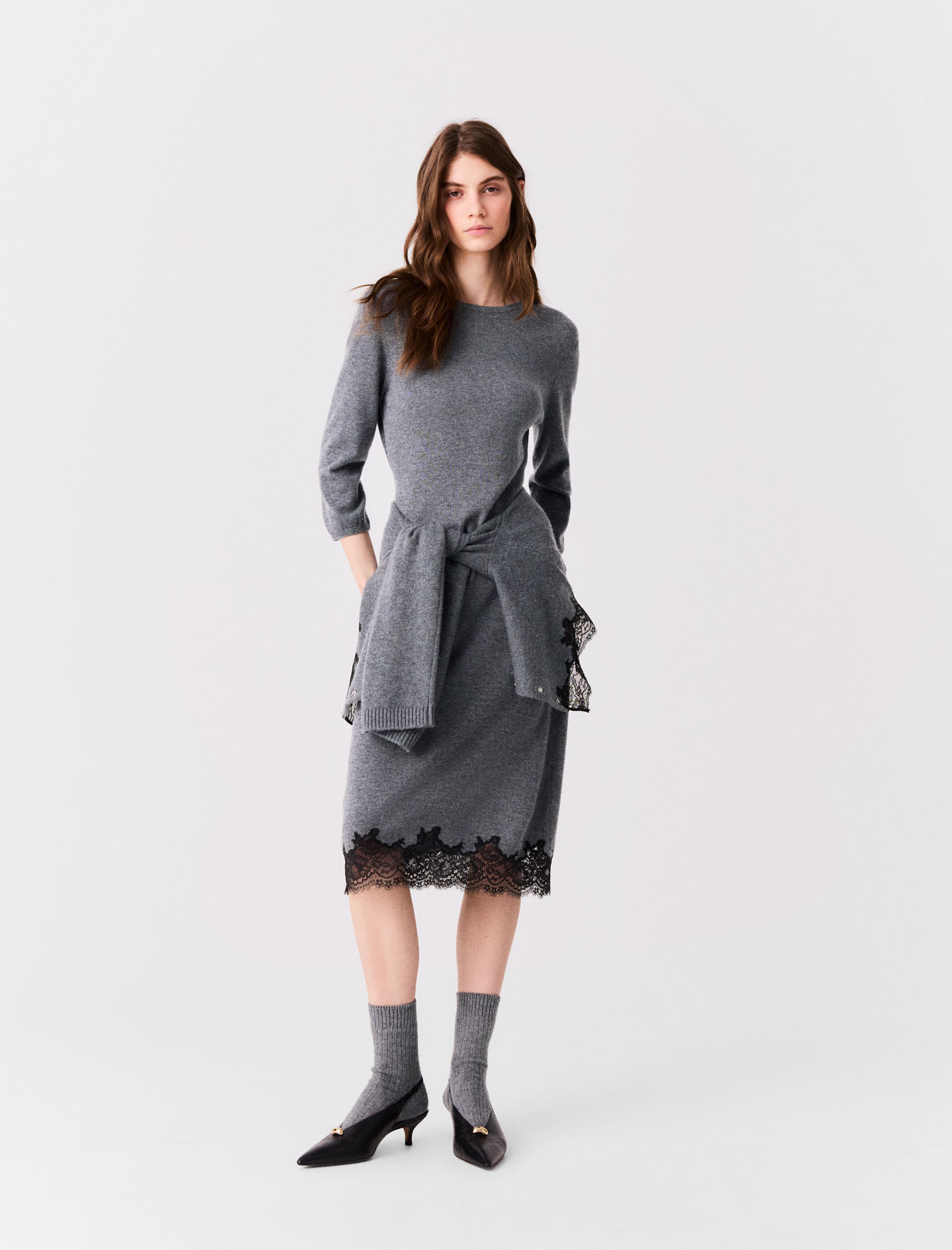 Kleid Mit Spitzeneinsatz - Gris/noir - Größe 40 - Maje