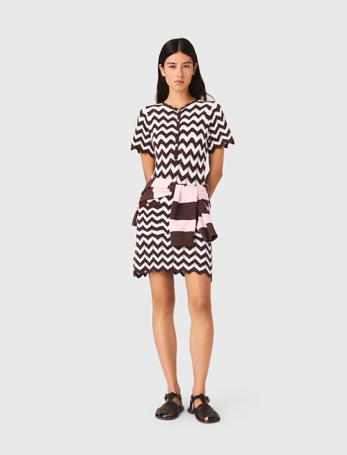 Häkelkleid Mit Zickzackmuster - Marron/blanc - Größe 38 - Maje