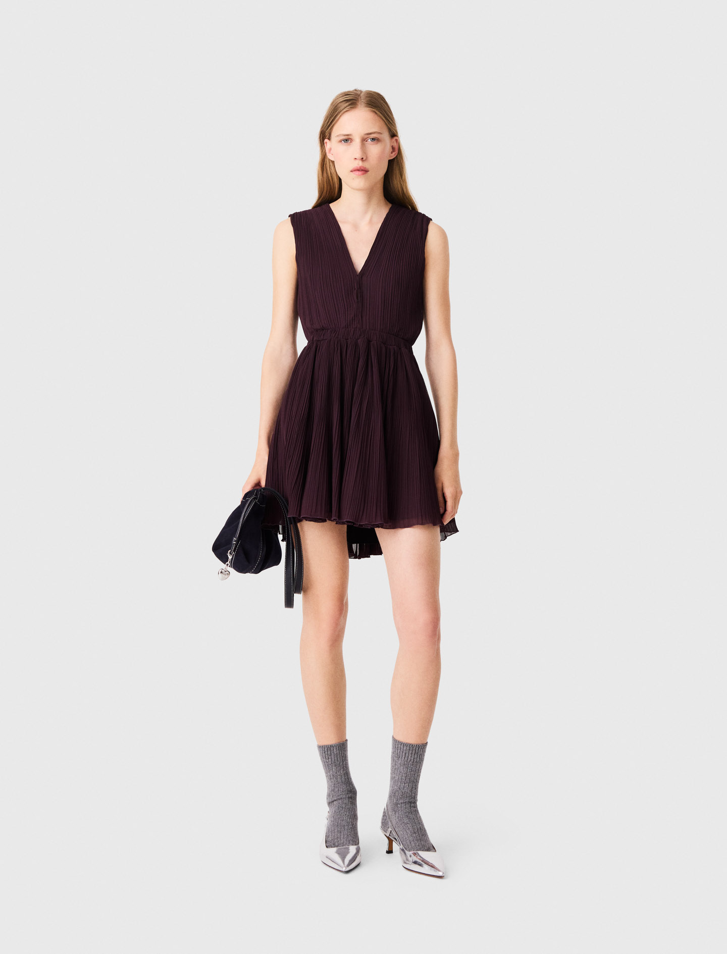 Kurzes Plissiertes Skaterkleid - Aubergine - Größe 38 - Maje