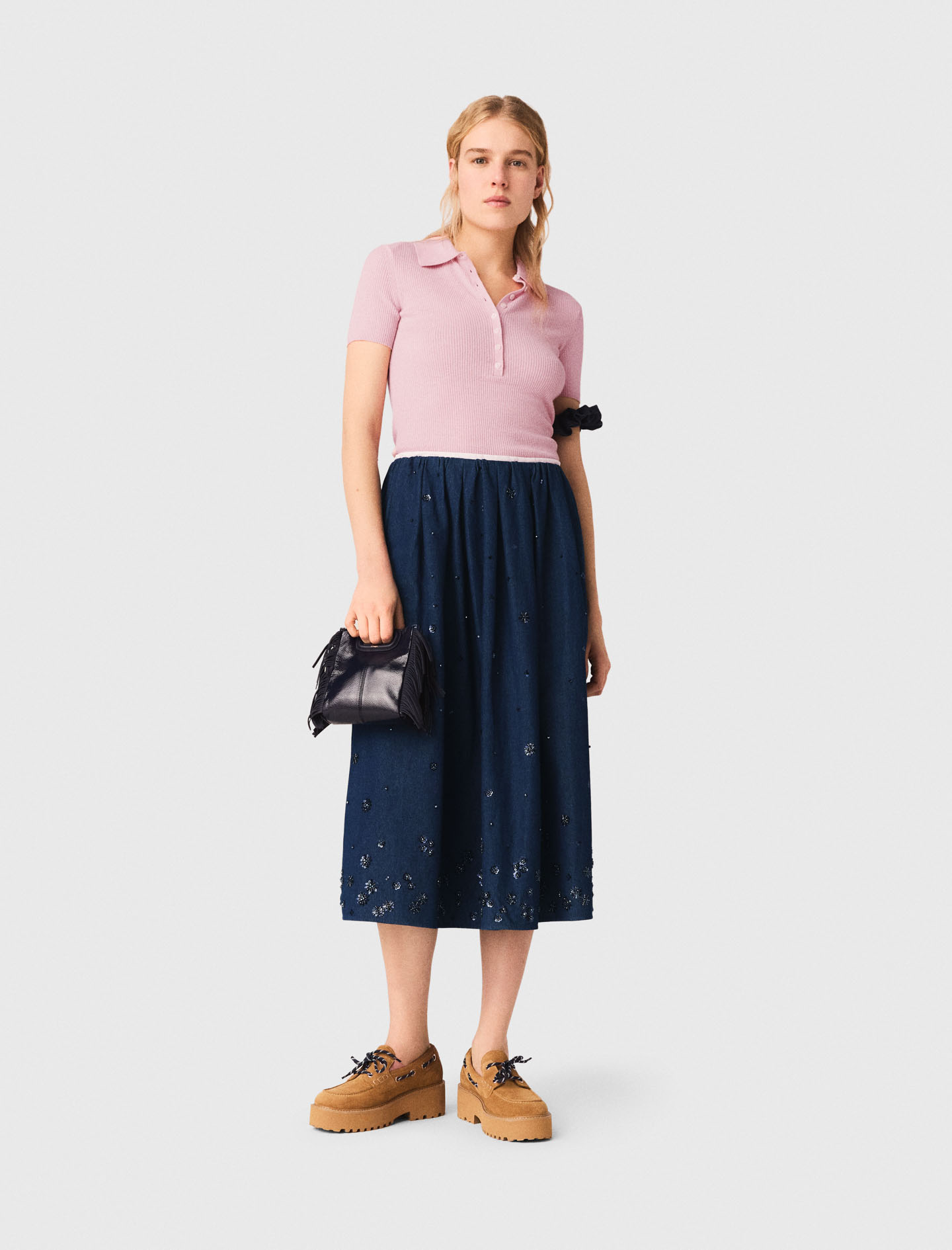 Midirock Aus Besticktem Denim - Marineblau - Größe 38 - Maje