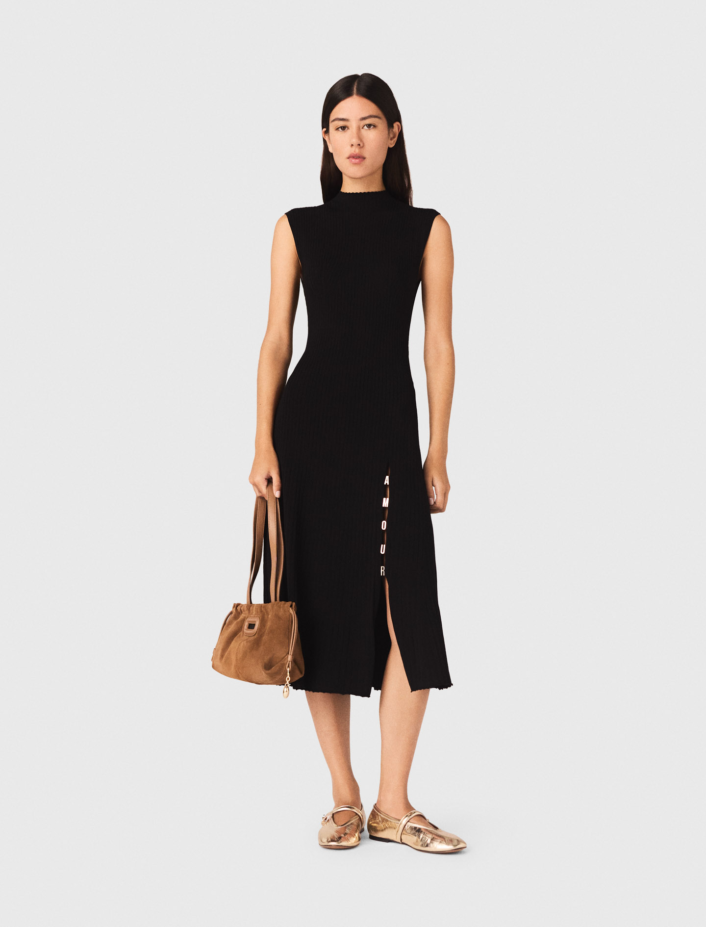 Rippstrickkleid Mit Seitenschlitz - Schwarz - Größe 36 - Maje