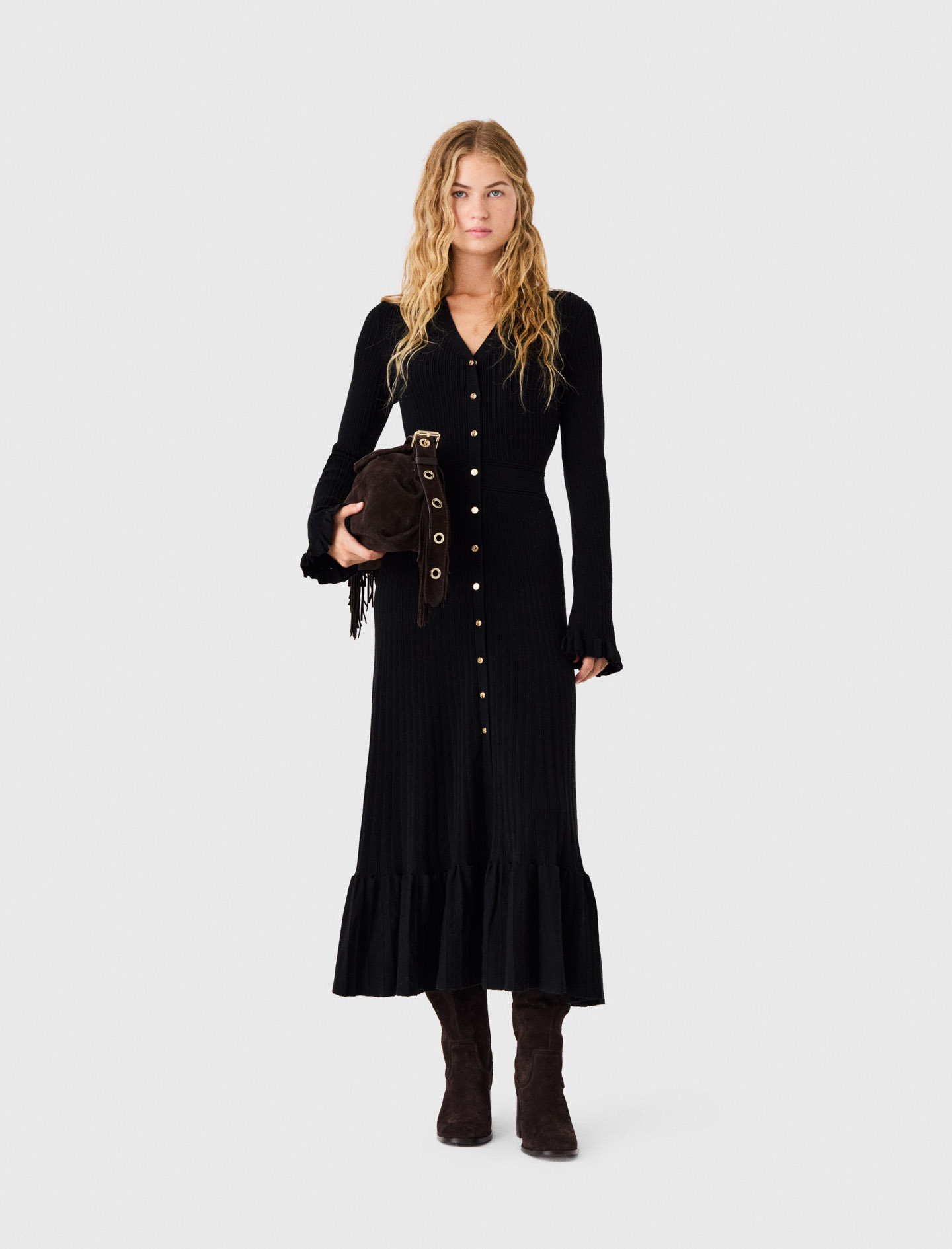 Langes Strickkleid Mit Volants - Schwarz - Größe 38 - Maje