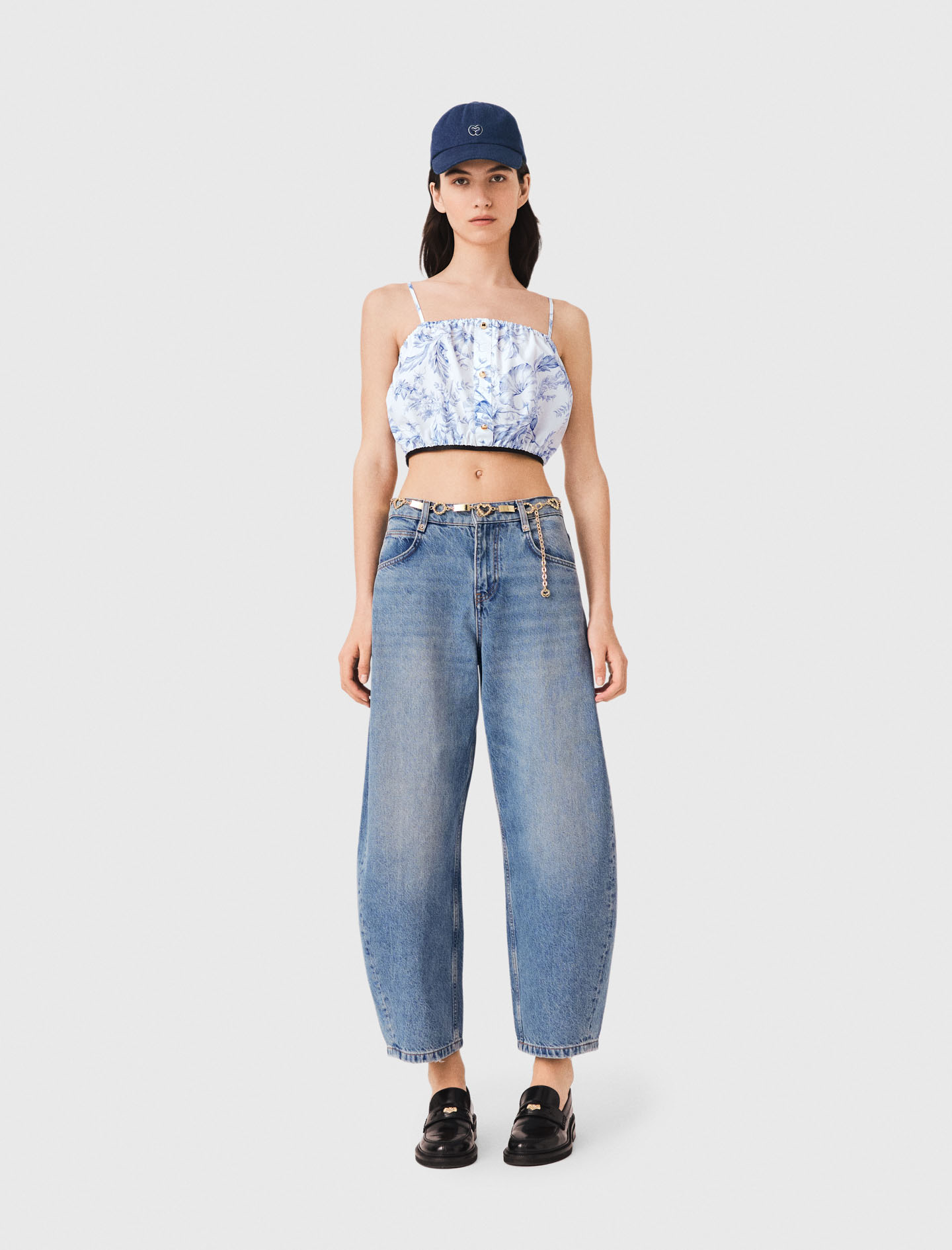 Bedrucktes Top Mit Trägern - Bleu Ciel Grosses Fleurs Print - Größe 36 - Maje