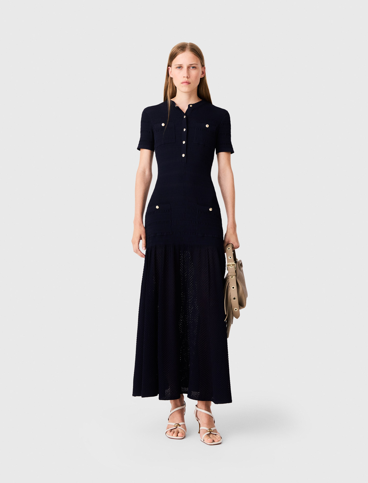 Langes Pointelle-strickkleid - Marineblau - Größe 32 - Maje