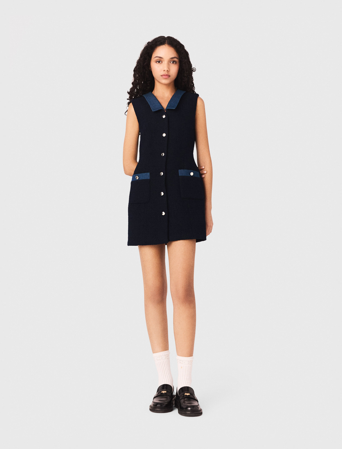 Tweedkleid Mit Denim-details - Marineblau - Größe 38 - Maje