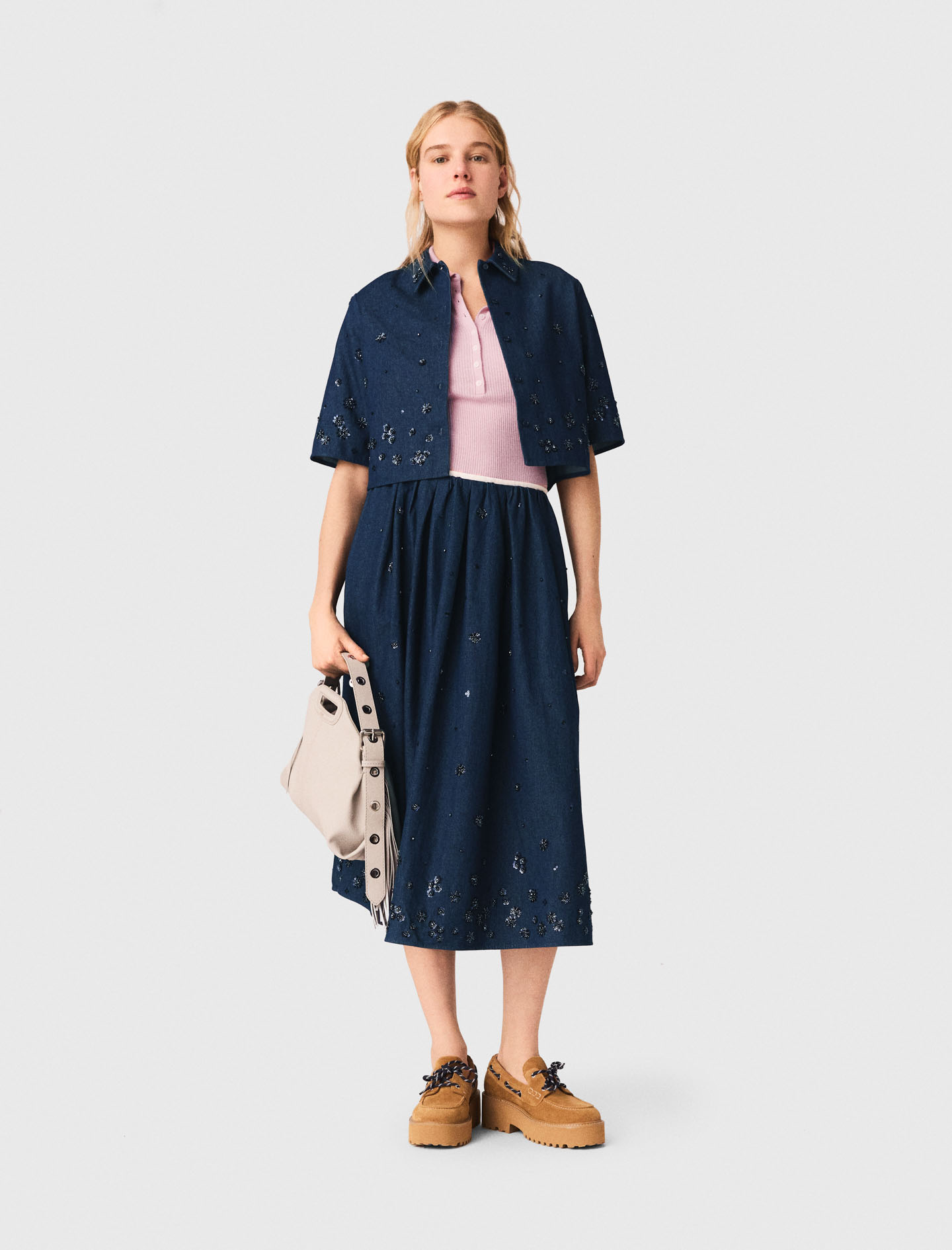 Besticktes Kurzes Jeanshemd - Marineblau - Größe 38 - Maje