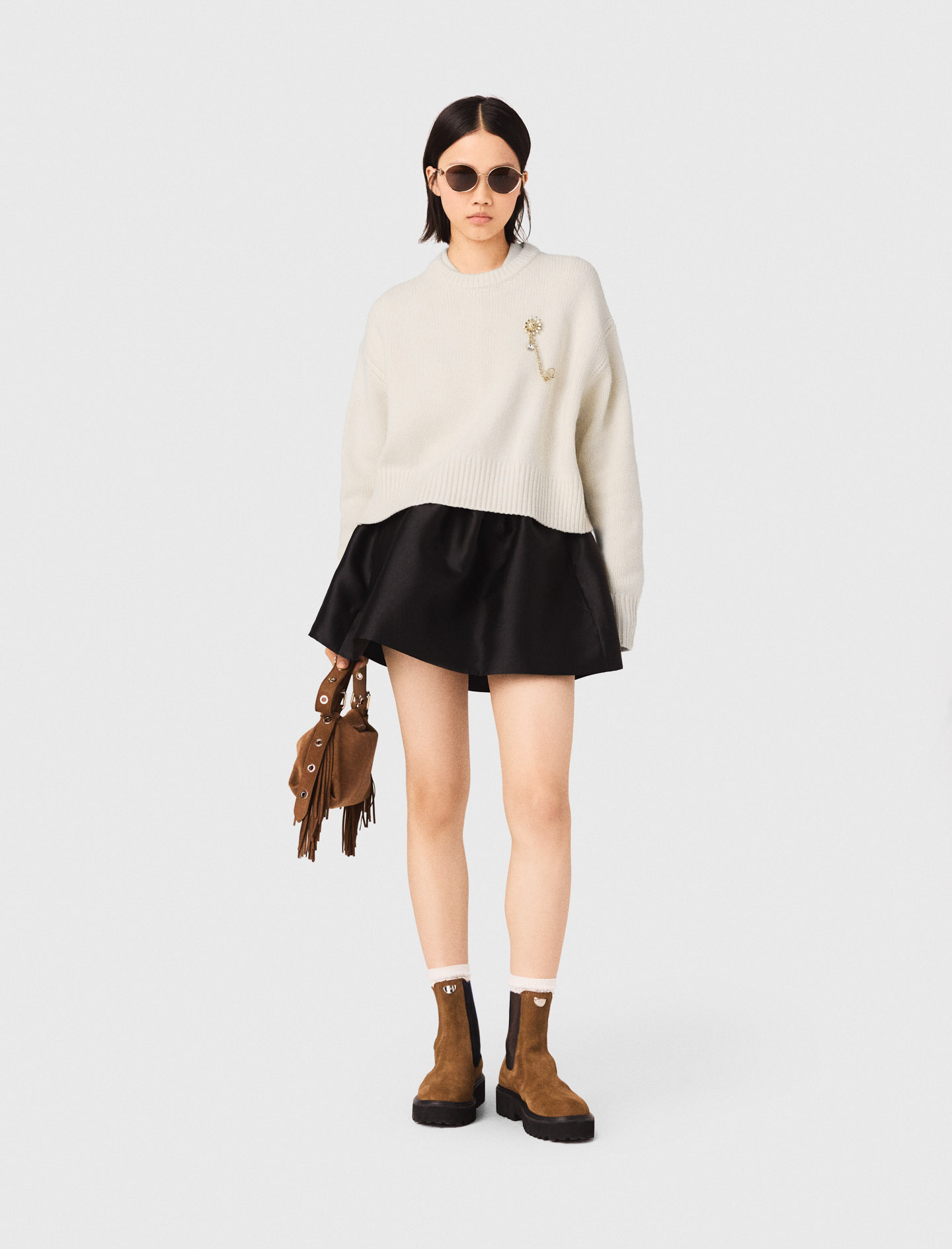Pullover Mit Blumenbrosche - Ecru - Größe 38 - Maje