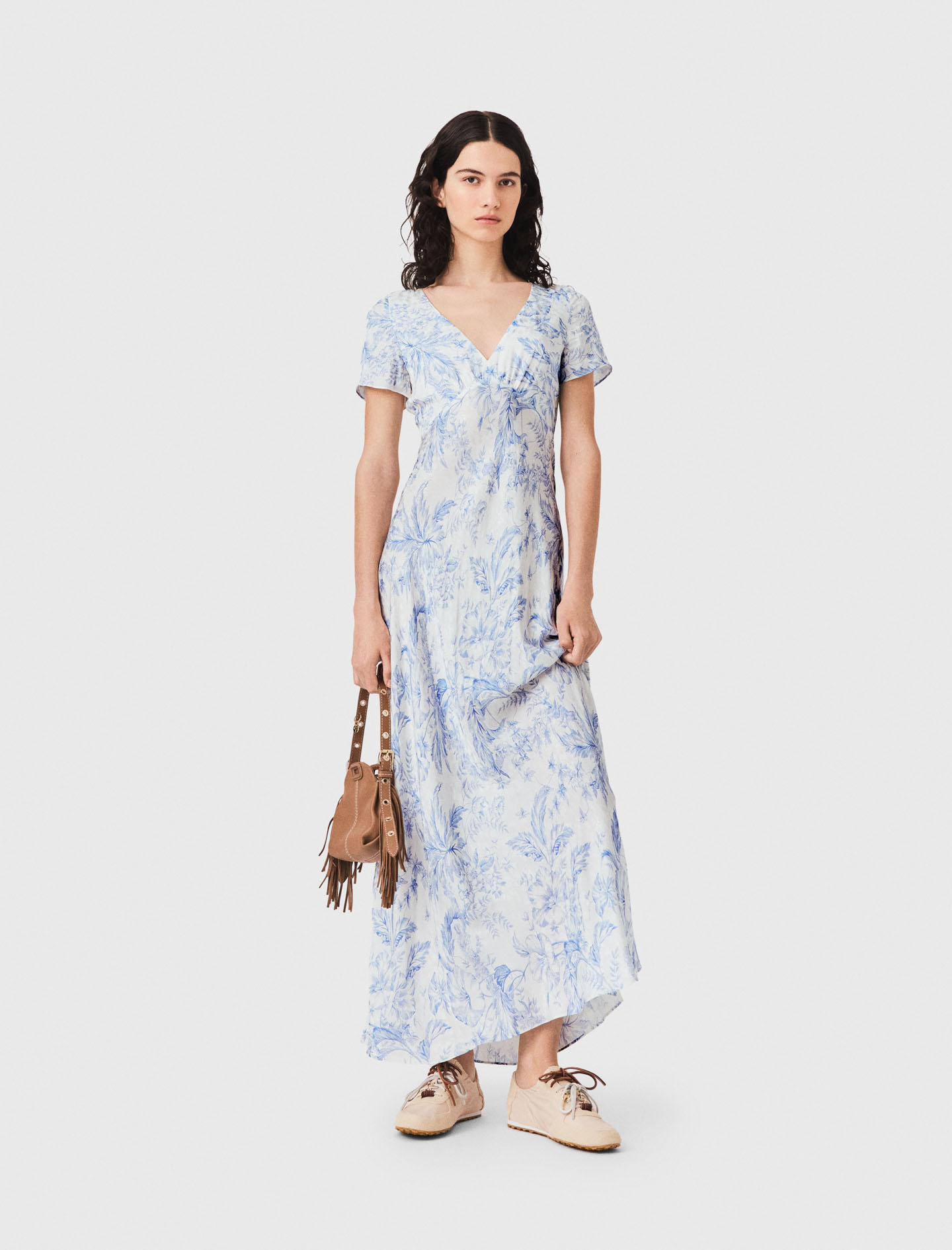 Fließendes Langes Kleid Mit Print - Bleu Ciel Grosses Fleurs Print - Größe 32 - Maje