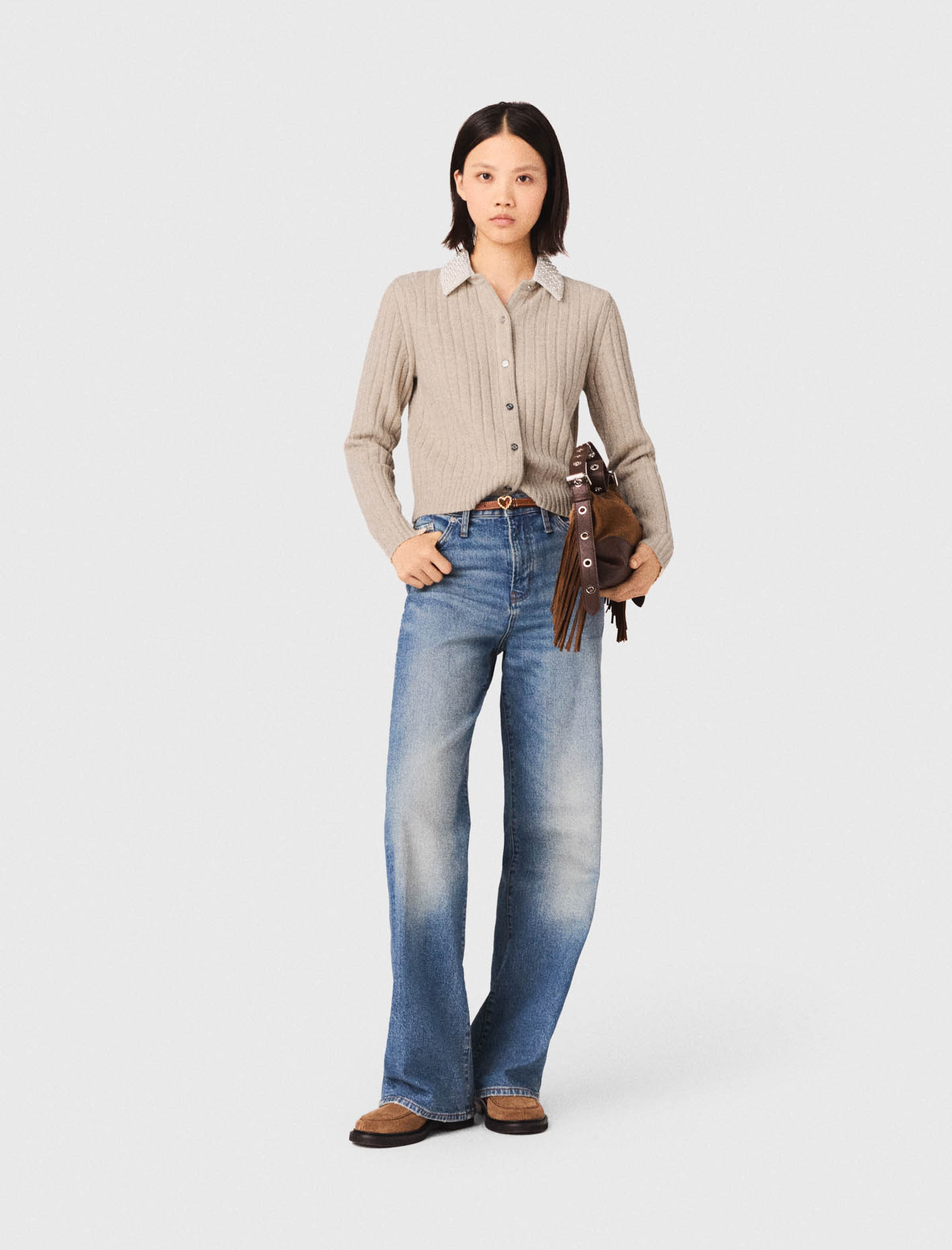 Cardigan, Abnehmbarer Perlenkragen - Beige - Größe 38 - Maje