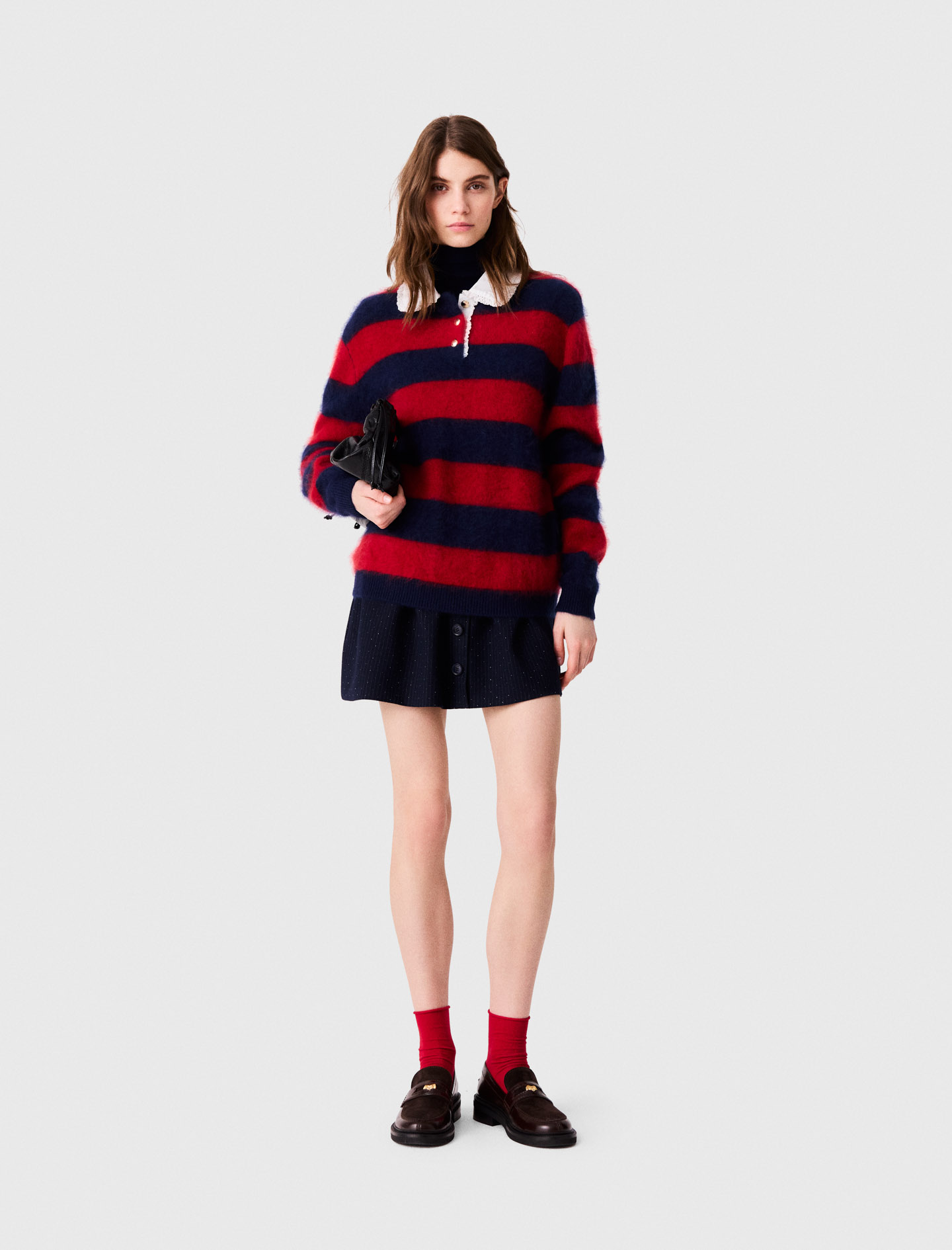 Fluffy-pullover Mit Popelinekragen - Marine/rot - Größe 36 - Maje