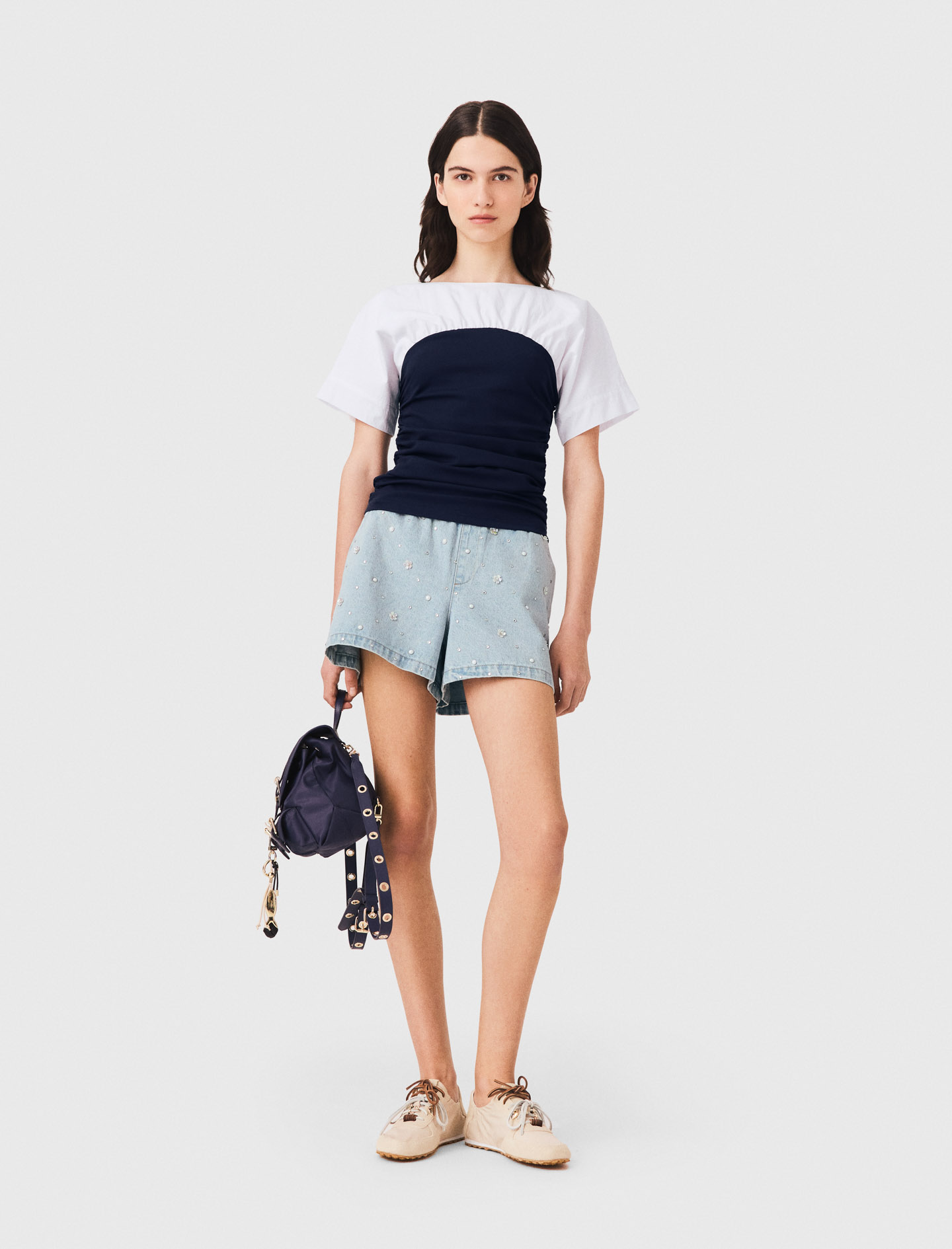 Plissiertes Jersey-top - Blanc/marine - Größe 36 - Maje